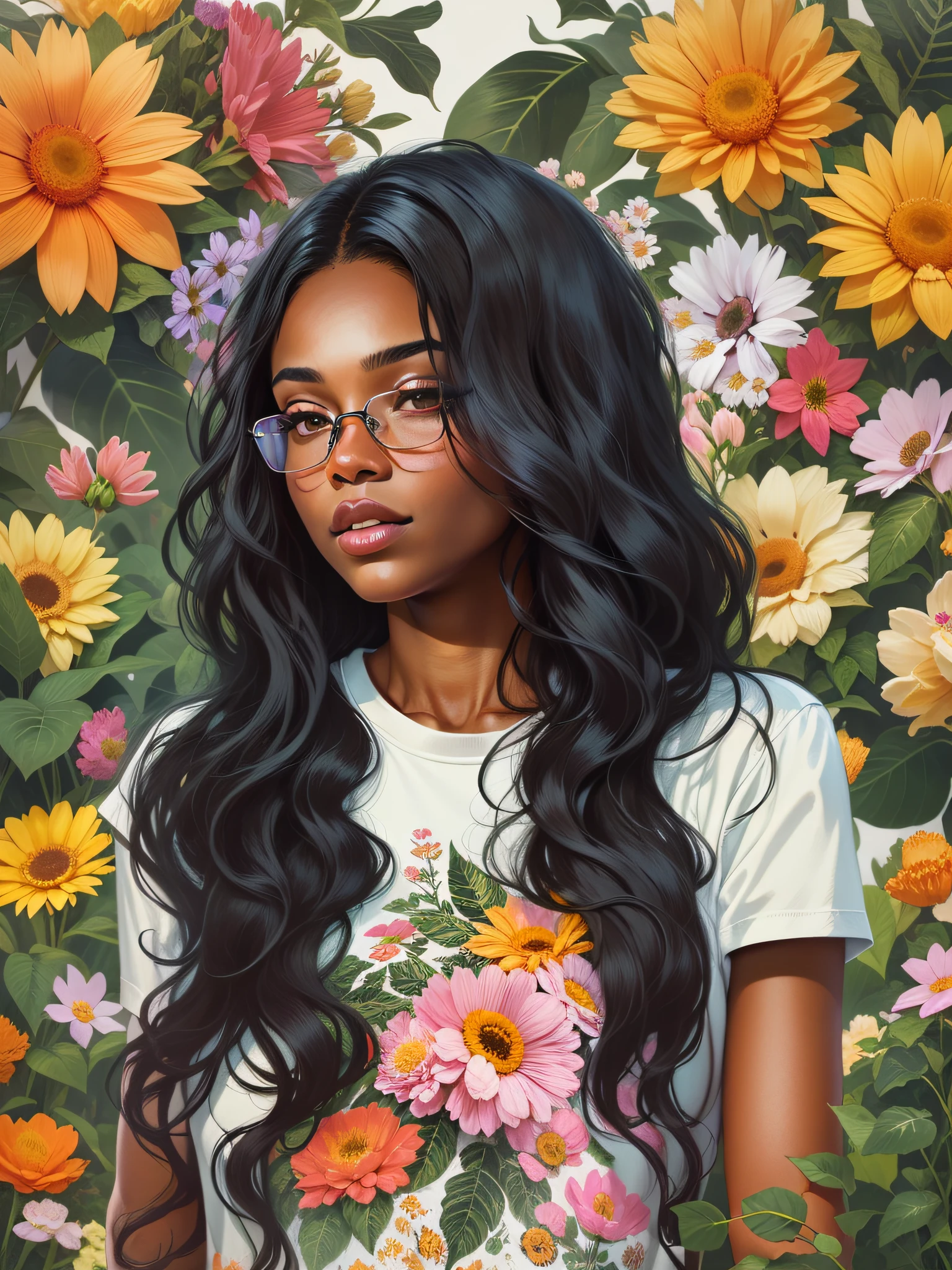 black woman with long wavy hair, wearing may according to short flowers, with long black hair, surrounded by various flowers, realistic style image, Surrounded by Vector VibraPrint Ready t-shirt design, white background, side view, label, clean white background , professional vector, very high detail, t-shirt design, vibrant.
