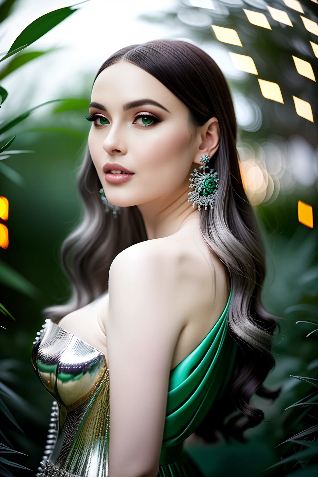 Mesmerizing and beautiful woman, maximalist fashionista, different shades of green and silver, bokeh background, kiss, Olivier Rusten and Stefano Gabbana, backlightCinematic Lighting, 8k, Crazy Detail, Intricate Detail, Beautiful Color Grading, Color Grading, Photographic Writing, Photography, Sharp Focus, Shot With Lens 60mm, ISO 300, f/4, 1/200