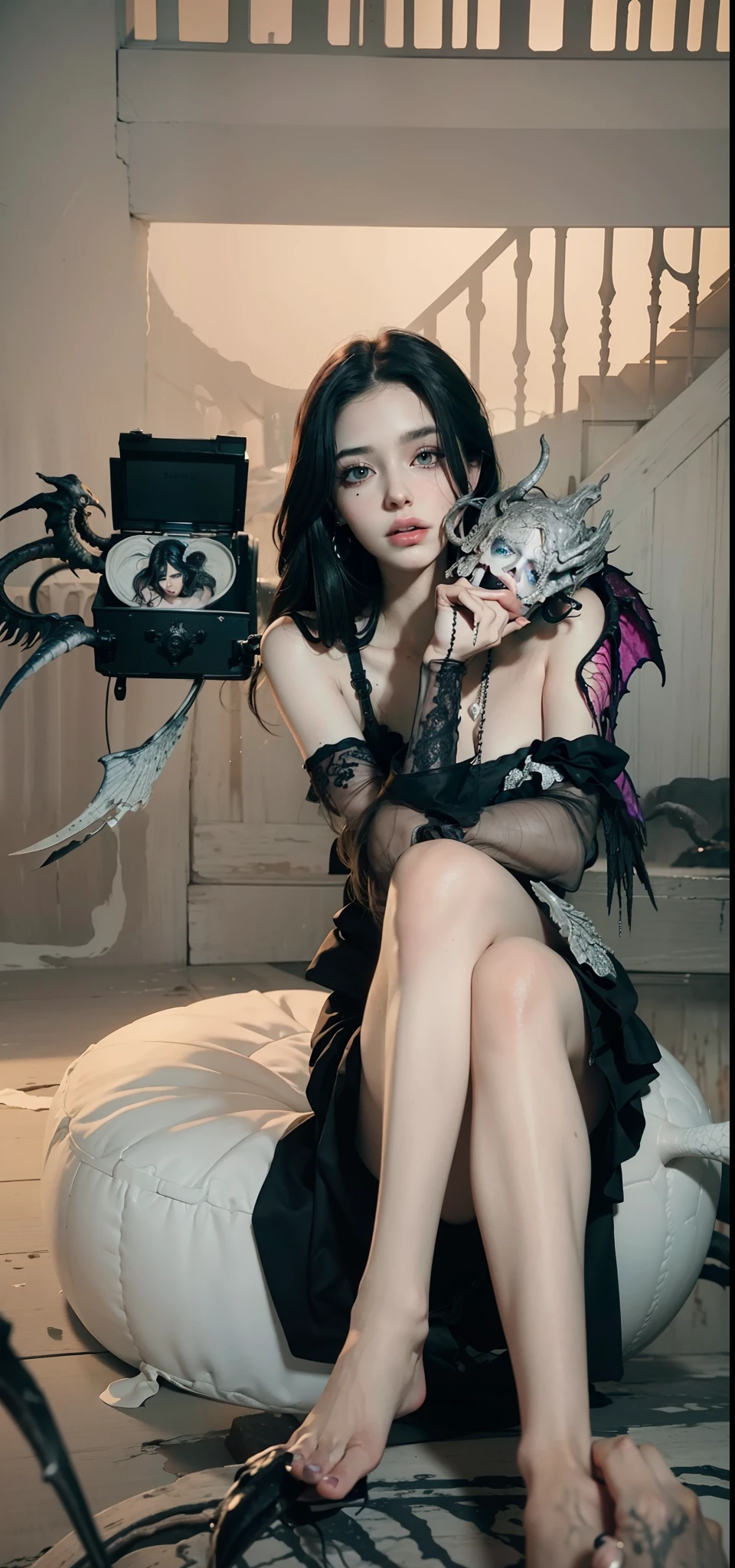 Fine matte paint,Skeleton Dark Angel, Haunted castle with large wings, Fill the drawing table with a knife,terroral,uncanny,horrid,secret terror,tentaculata,grape trees,The eye,uncanny valley effect teeth,all fours,Critters,Blood Moon,4K,high qulity,Beautuful Women,Delicate face