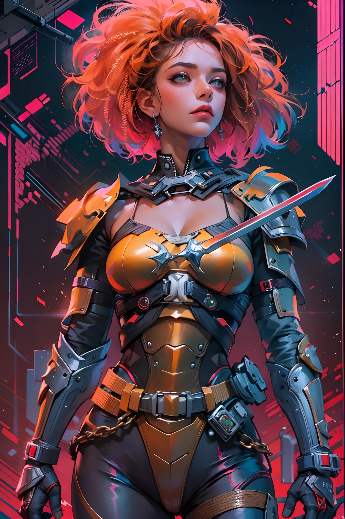 Princesa bonita, cyberpunk, vestida com armadura, Medium sized sword wielding, cabelo laranja curto, hiper realista, rosto bem detalhado, cores vivas, dramatic colors, vaporwave, retrowave, colorido, artódromo, extremamente detalhado, 80000k