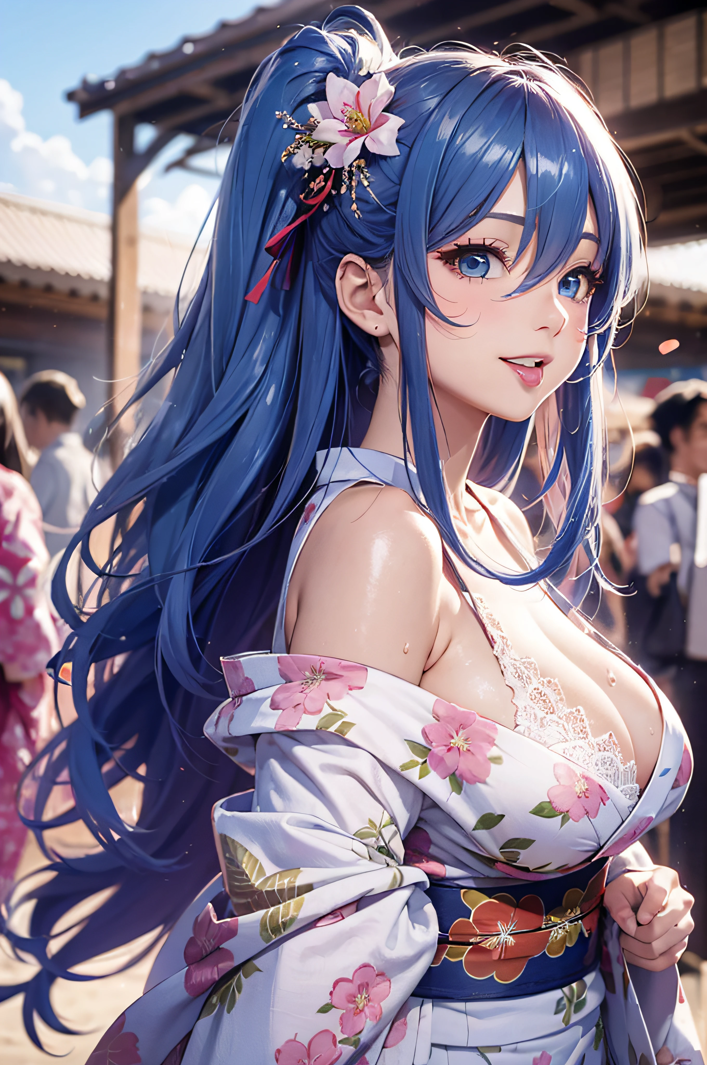 8K picture quality、top-quality、masutepiece、An ultra-high picture quality、ultra-detailliert、Ultra-realistic hair quality、Vibrant colors、Beautuful Women、Beautiful long hair、Shiny hair、detailed hairs、blue hairs、poneyTail、Blue eyes、shinny skin、Lace underwear、Very gigantic-breasts、Sweat on the forehead and cheeks、extremely big ass、Fluffy off-shoulder yukata、A smile、pink tongue、Ultra-realistic flesh feeling、Red cheeks、summer festival in background