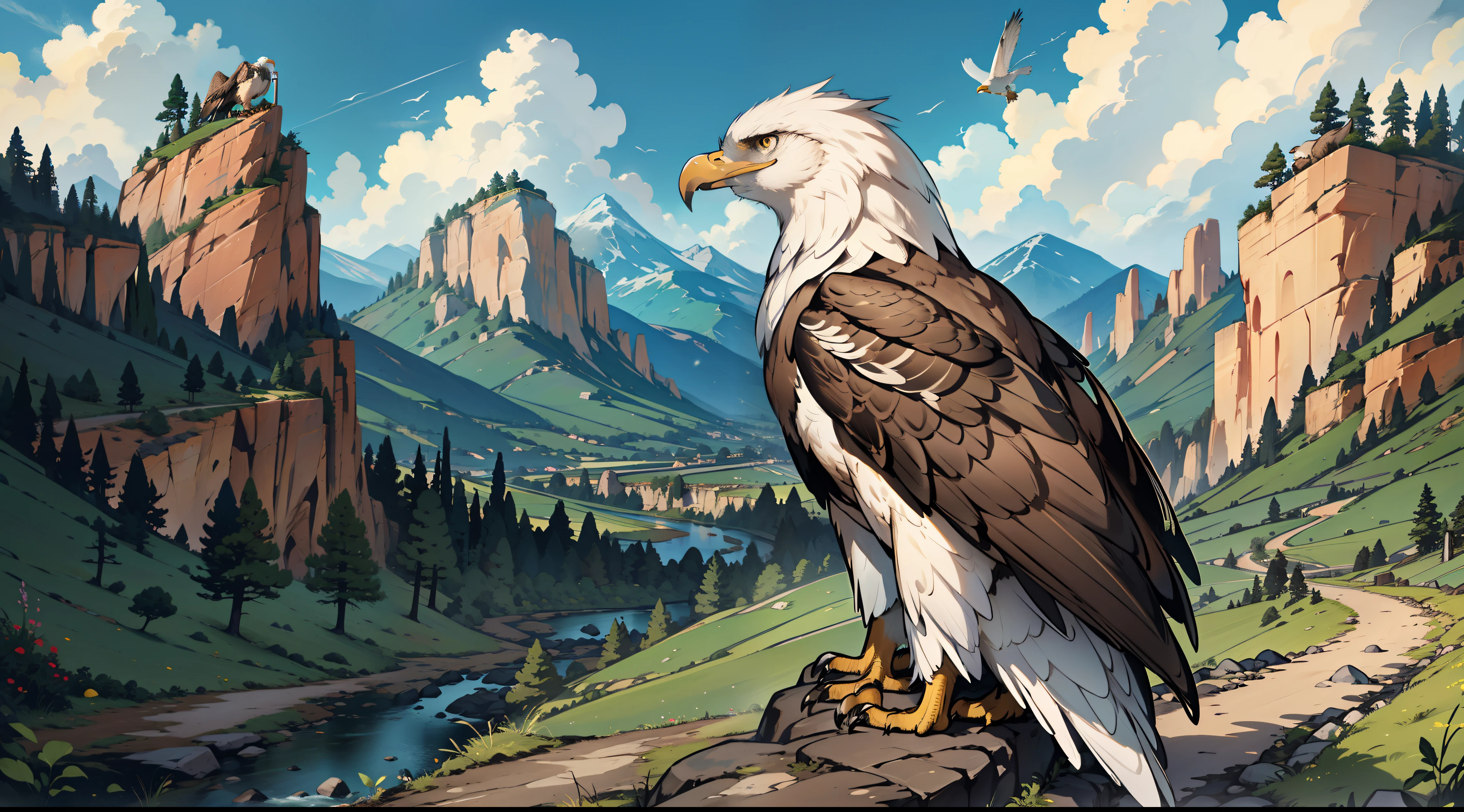 "Side view, Beautiful and majestic 1 eagle with a magical elongated tail perched on a rocky outcrop, gazing towards the dirty road at the bottom of the valley" there is some people in background on the road, only 1 eagle