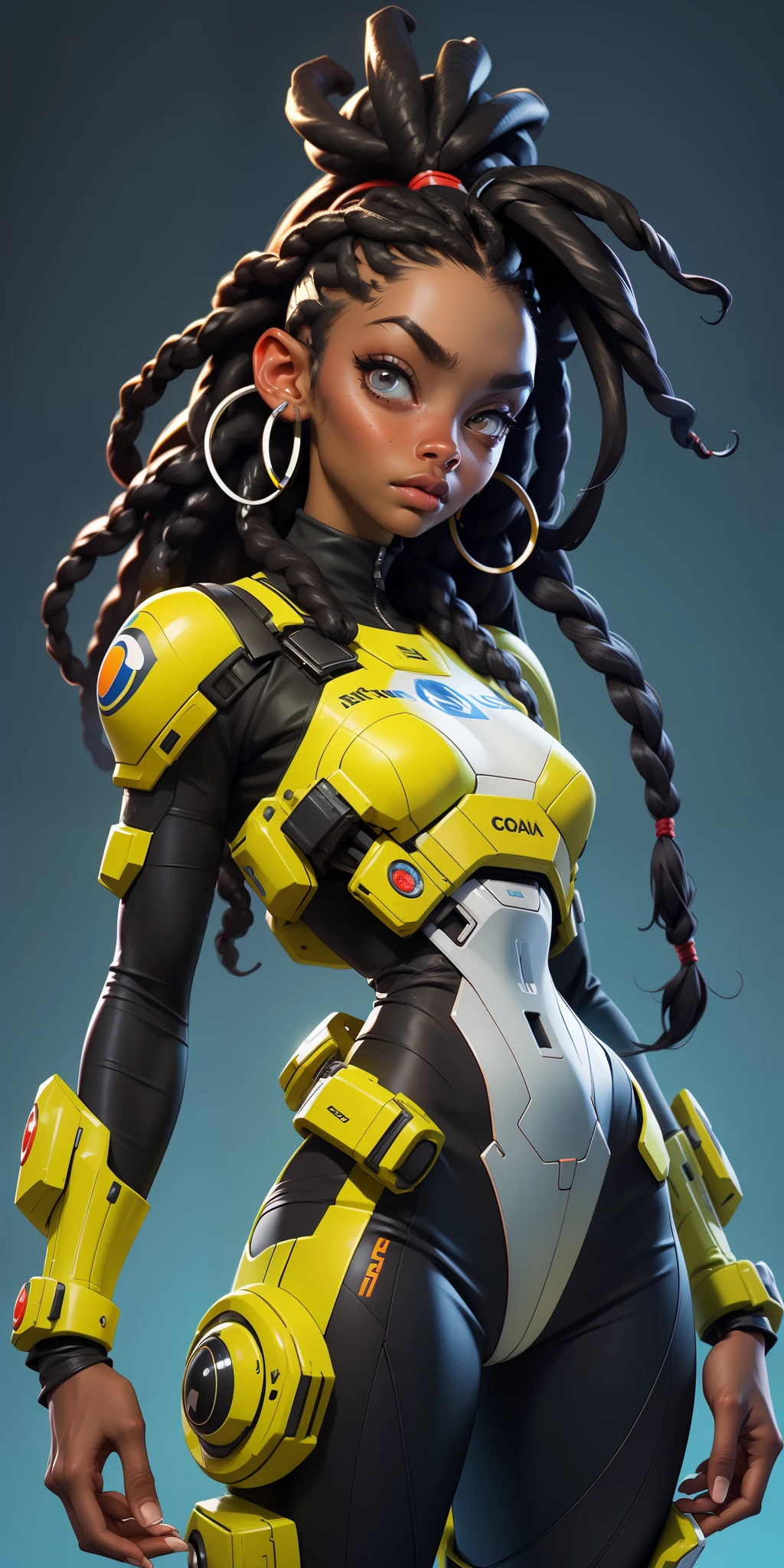 pele negra, cabelo dreadlock, cara bonita, rosto bem desenhado, symmetrical face, detailed hands, well drawn hands, symmetric eyes, corpo esguio: 1.2, sci-fi soldier, corpo esguio, corpo inteiro