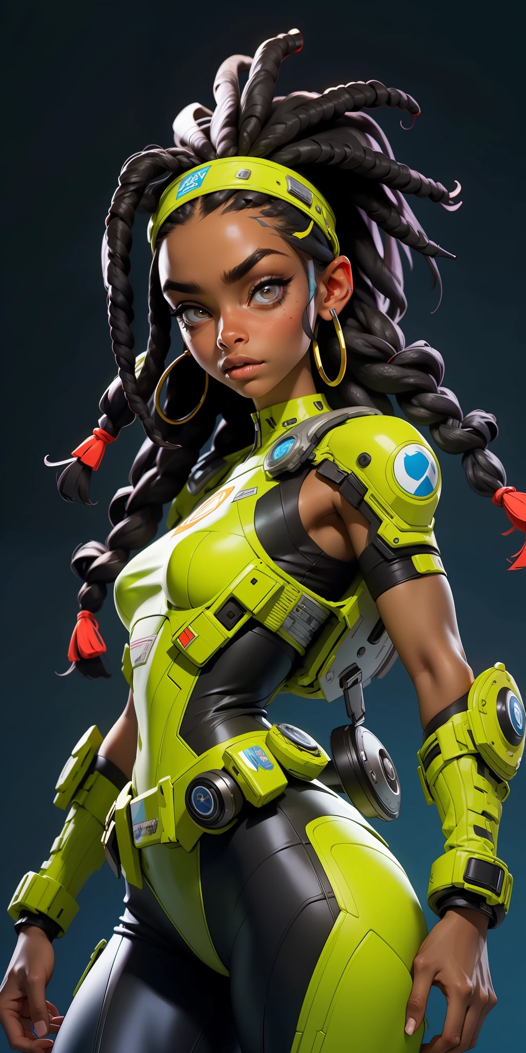 pele negra, cabelo dreadlock, cara bonita, rosto bem desenhado, symmetrical face, detailed hands, well drawn hands, symmetric eyes, corpo esguio: 1.2, sci-fi soldier, corpo esguio, corpo inteiro