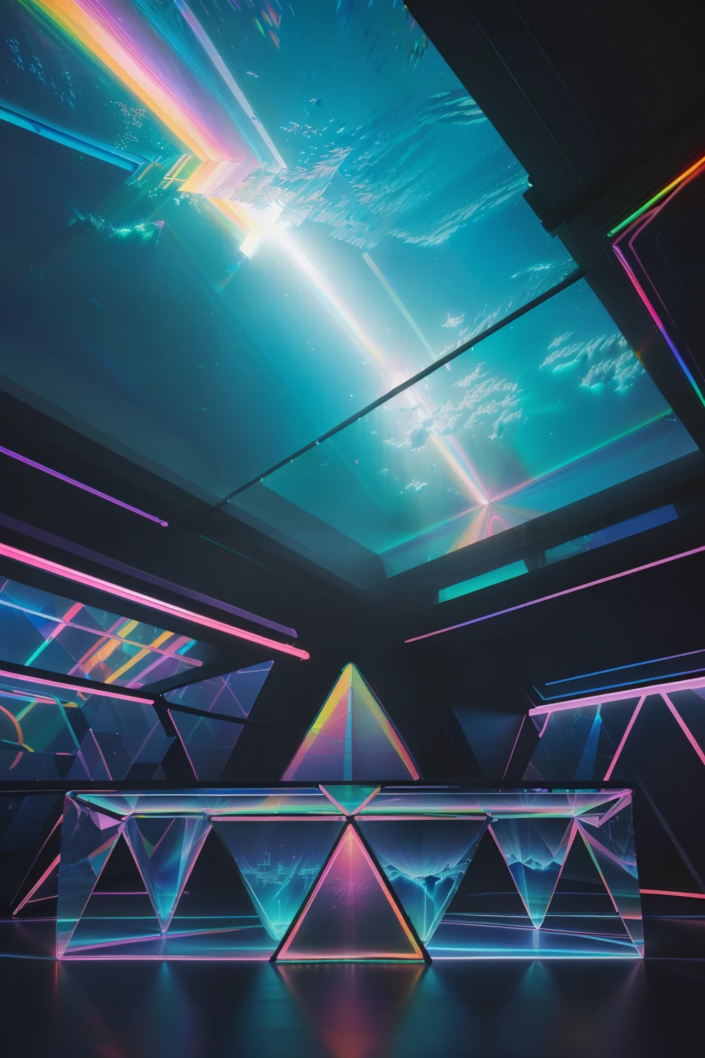 Main subject: ((Crystal-clear glass prism)), ((refracting light)), ((geometric precision))
Viewing angle: ((Underwater perspective)), ((sunlight piercing through))
Main feature: ((Visually groundbreaking)), ((multidimensional beauty)), ((sense of intrigue))
Inspiration/style: ((Futuristic surrealism)), ((bold and vibrant colors)), ((abstract geometry))
Position in scene: ((Suspended in mid-air by invisible threads))
Background/location: ((Futuristic urban skyline)), ((neon lights and reflections))
Scene composition: ((Prism surrounded by floating holographic shapes)), ((dynamic composition))
Lighting: ((Dramatic neon lights)), ((glowing edges of the prism)), ((vibrant reflections))
Post-processing: ((High-tech color grading)), ((enhanced glow effects)), ((8K resolution))
Reference/artist: ((Syd Mead)), ((Yoko Honda)), ((Marius Sperlich))