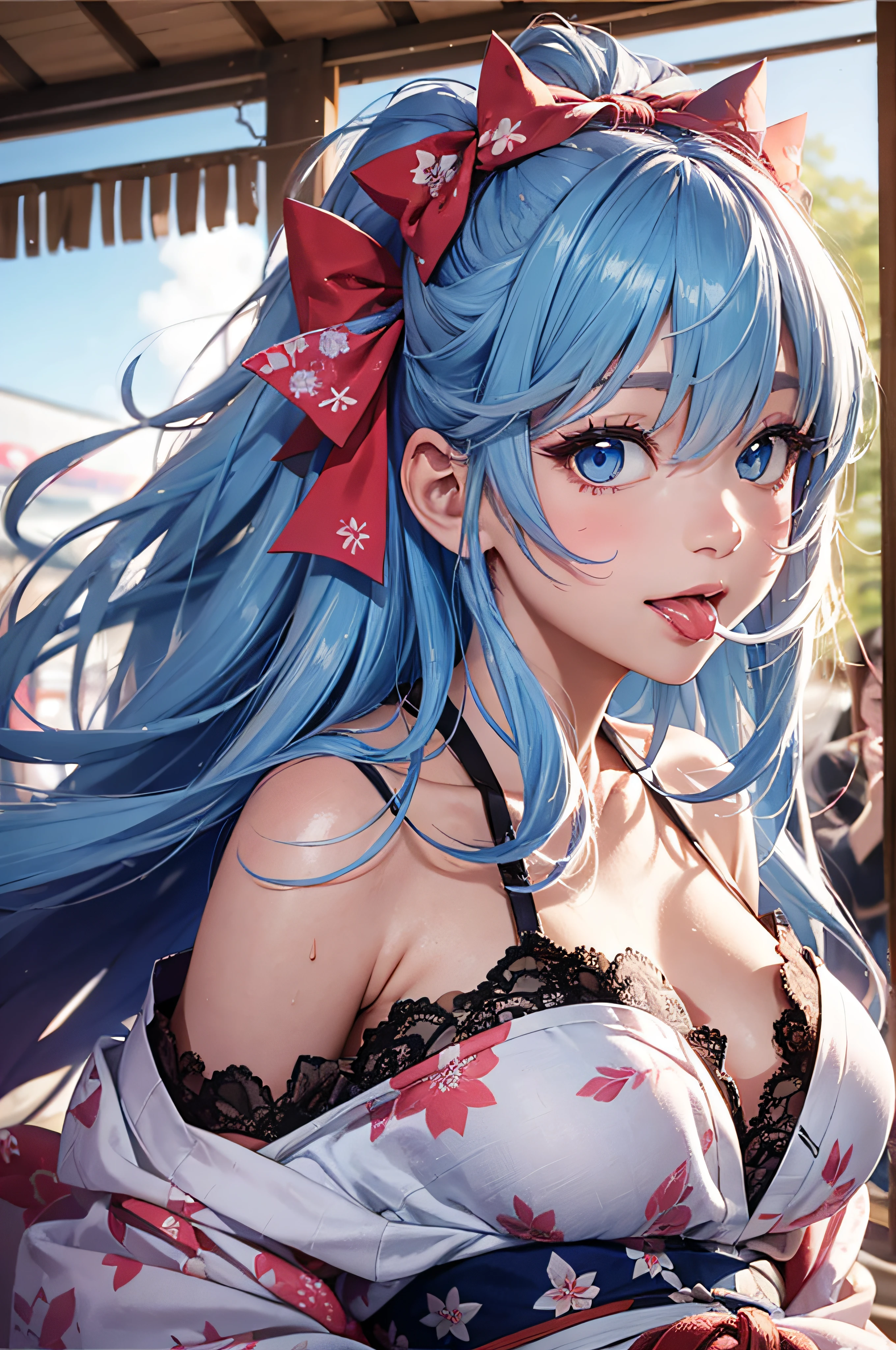 8K picture quality、top-quality、masutepiece、An ultra-high picture quality、ultra-detailliert、Ultra-realistic hair quality、Vibrant colors、Beautuful Women、Beautiful long hair、Shiny hair、detailed hairs、blue hairs、poneyTail、Blue eyes、shinny skin、Lace underwear、Very gigantic-breasts、Sweat on the forehead and cheeks、extremely big ass、Fluffy off-shoulder yukata、A smile、pink tongue、Ultra-realistic flesh feeling、Red cheeks、summer festival in background