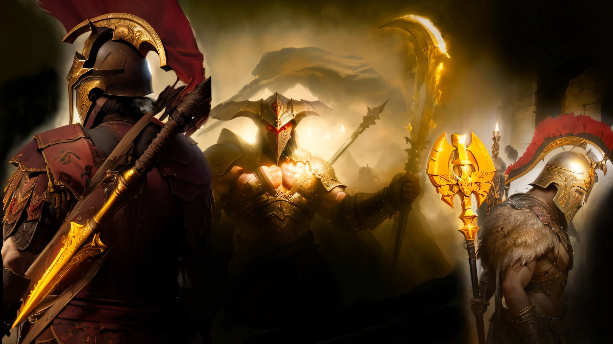 There are two men dressed in Roman armor and holding spears, Kratos, Diablo 3, ares com armadura pesada e espada, Batalha do Bem contra o Mal, Obras, fan art, Arte em destaque, diabo-3, Diabo - 3, legendary god holding spear, arte conceitual digital diablo, Estilo de Marc Simonetti, Espartano, Diablo 2, Mito grego pintura digital
