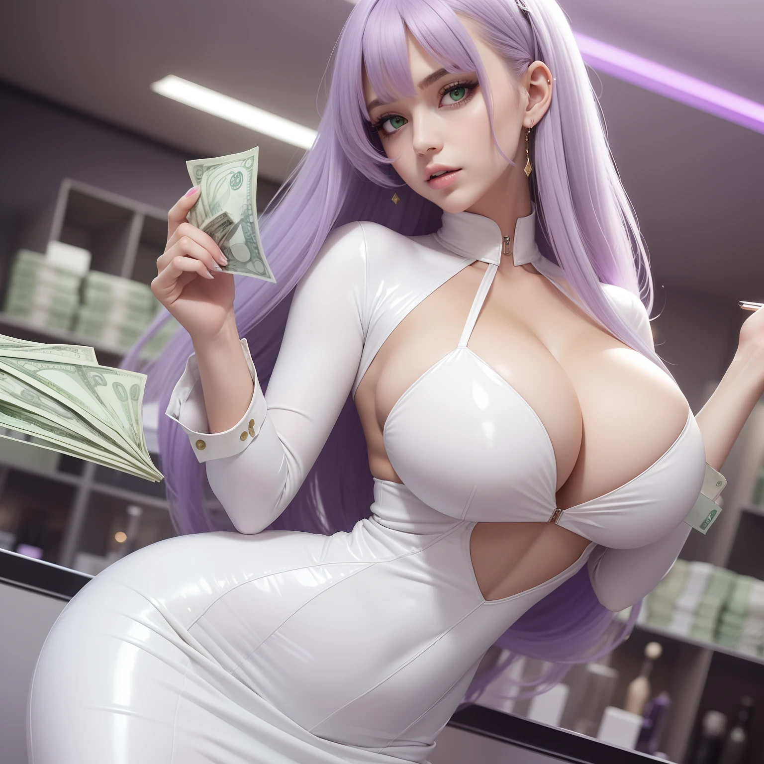 1girl, green eyes, white latex dress, close up, cleavage, big boobs, soft abs, long light purple lilac hair, extremely detailed, piles of money in background, bags of cash in background, dollars falling in the air, standing in bank, money everywhere