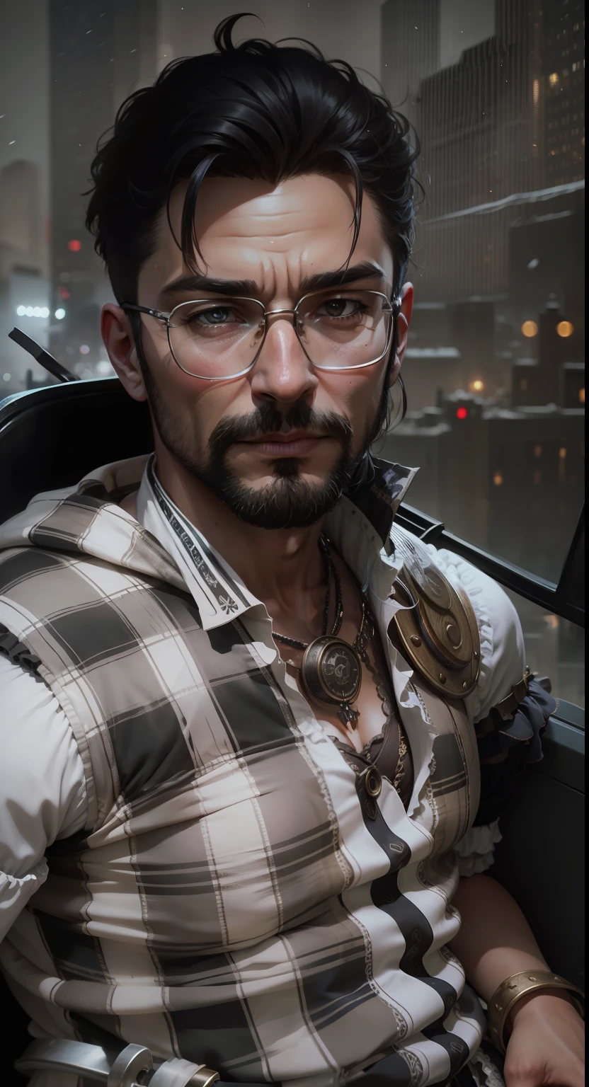 medium shot photo of a mix of (SheeroA:0.8), and (santa costume:0.5) sks man, (nice cleavage:1.1), intricate steampunk+ city, evening, dark, atmospheric, mist, best quality masterpiece, photorealistic, detailed, 8k, HDR, shallow depth of field, broad light, high contrast, backlighting, bloom, light sparkles, chromatic aberration, sharp focus, RAW color photo,