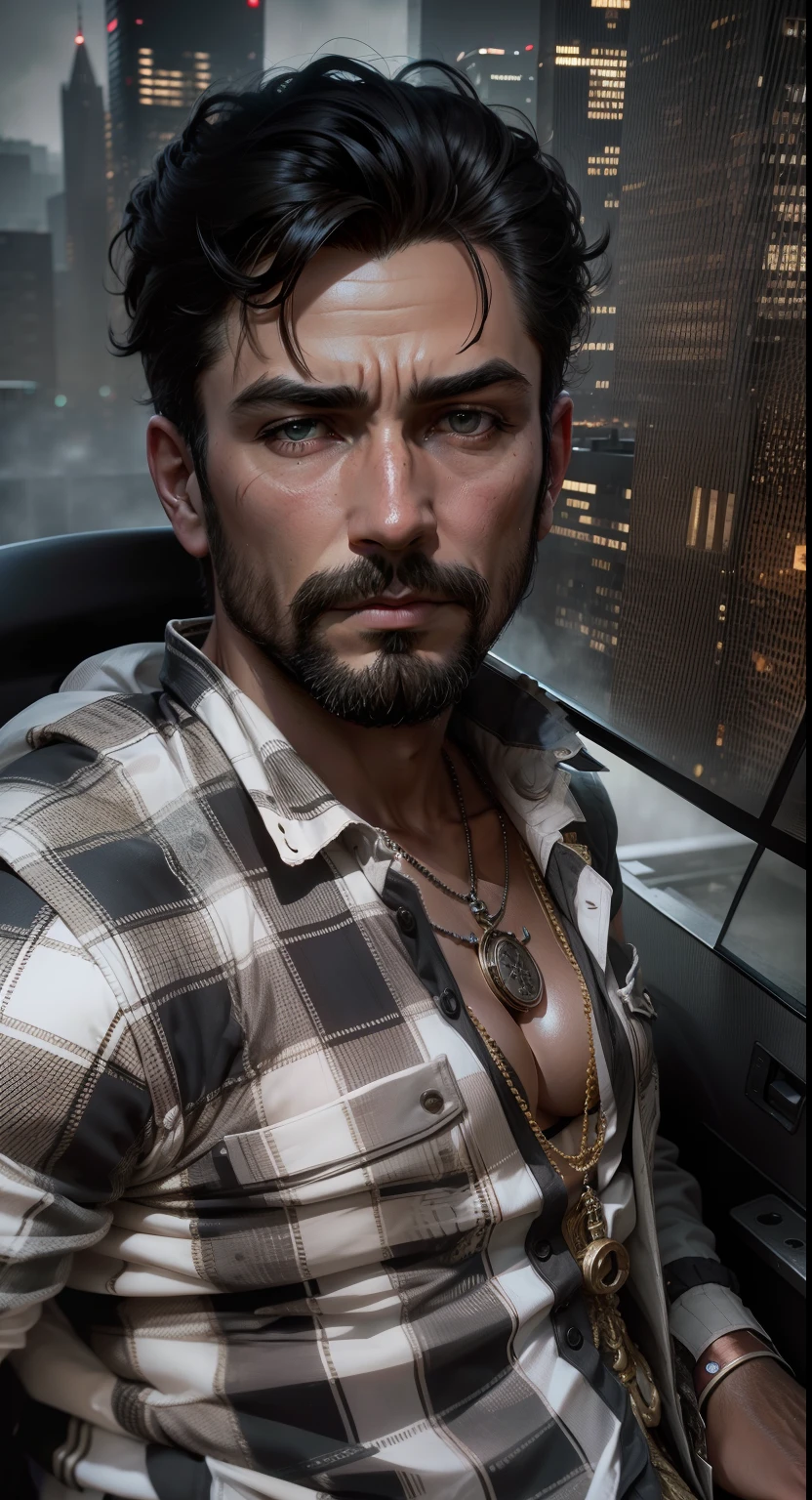 medium shot photo of a mix of (SheeroA:0.8), and (santa costume:0.5) sks man, (nice cleavage:1.1), intricate steampunk+ city, evening, dark, atmospheric, mist, best quality masterpiece, photorealistic, detailed, 8k, HDR, shallow depth of field, broad light, high contrast, backlighting, bloom, light sparkles, chromatic aberration, sharp focus, RAW color photo,