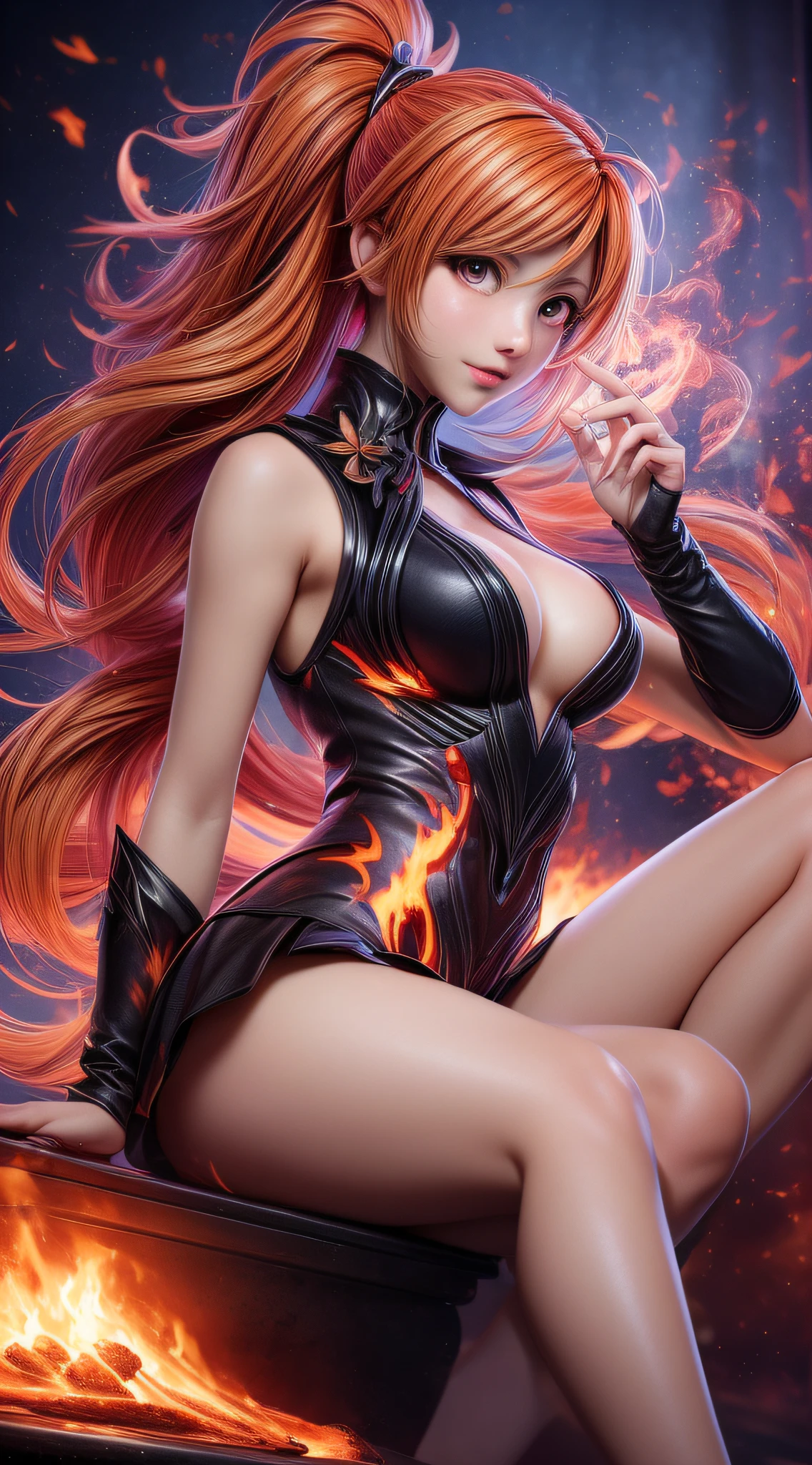Step into a captivating scene featuring an anime girl seated on a floating platform, as vibrant fire particles ignite the air around her, creating a dazzling and dynamic atmosphere. The creative lighting style bathes her in a radiant, fiery glow, harmonizing with the swirling fire particles. Crafted with exquisite detail and rendered in breathtaking 10k high resolution, this masterpiece blends the art mediums of digital illustration, fire effects, particle simulation, and post-processing techniques. Drawing inspiration from the styles of Anime, Mystical Realism, and Contemporary Surrealism, it captures the fiery and ethereal beauty of an anime girl amidst the dancing flames, where fire particles elevate the sense of magic and wonder.
