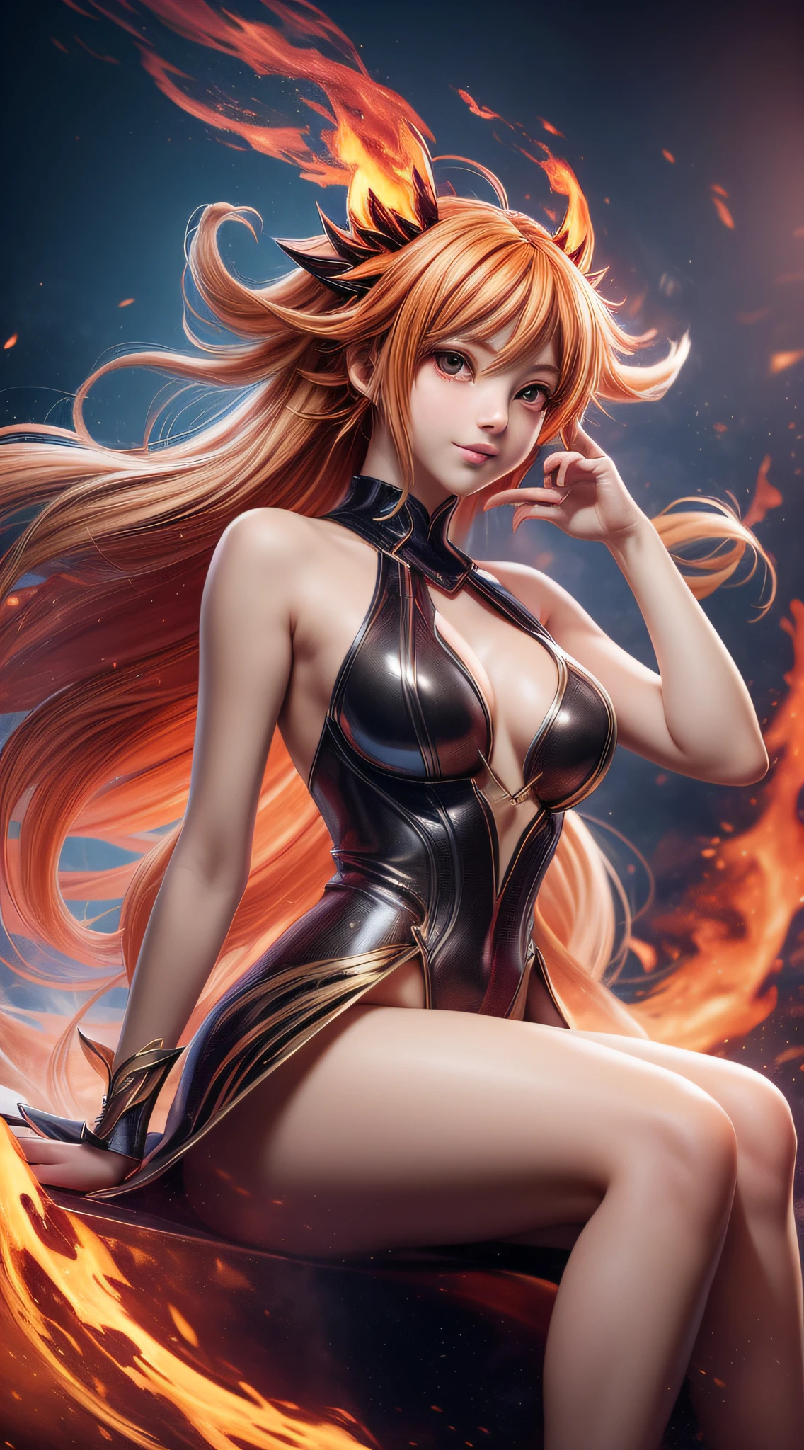 Step into a captivating scene featuring an anime girl seated on a floating platform, as vibrant fire particles ignite the air around her, creating a dazzling and dynamic atmosphere. The creative lighting style bathes her in a radiant, fiery glow, harmonizing with the swirling fire particles. Crafted with exquisite detail and rendered in breathtaking 10k high resolution, this masterpiece blends the art mediums of digital illustration, fire effects, particle simulation, and post-processing techniques. Drawing inspiration from the styles of Anime, Mystical Realism, and Contemporary Surrealism, it captures the fiery and ethereal beauty of an anime girl amidst the dancing flames, where fire particles elevate the sense of magic and wonder.