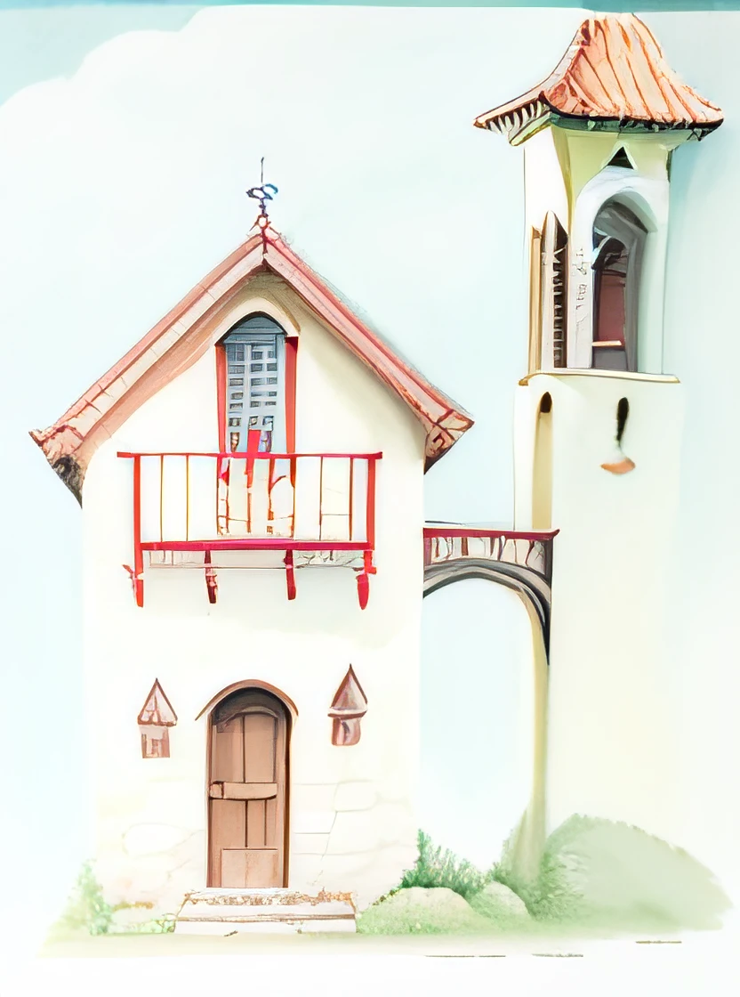 Drawing of a small building with a tower and a clock, iglesia, Pueblo, Pintura de la iglesia, architectural painting, Imagen dibujada, small village