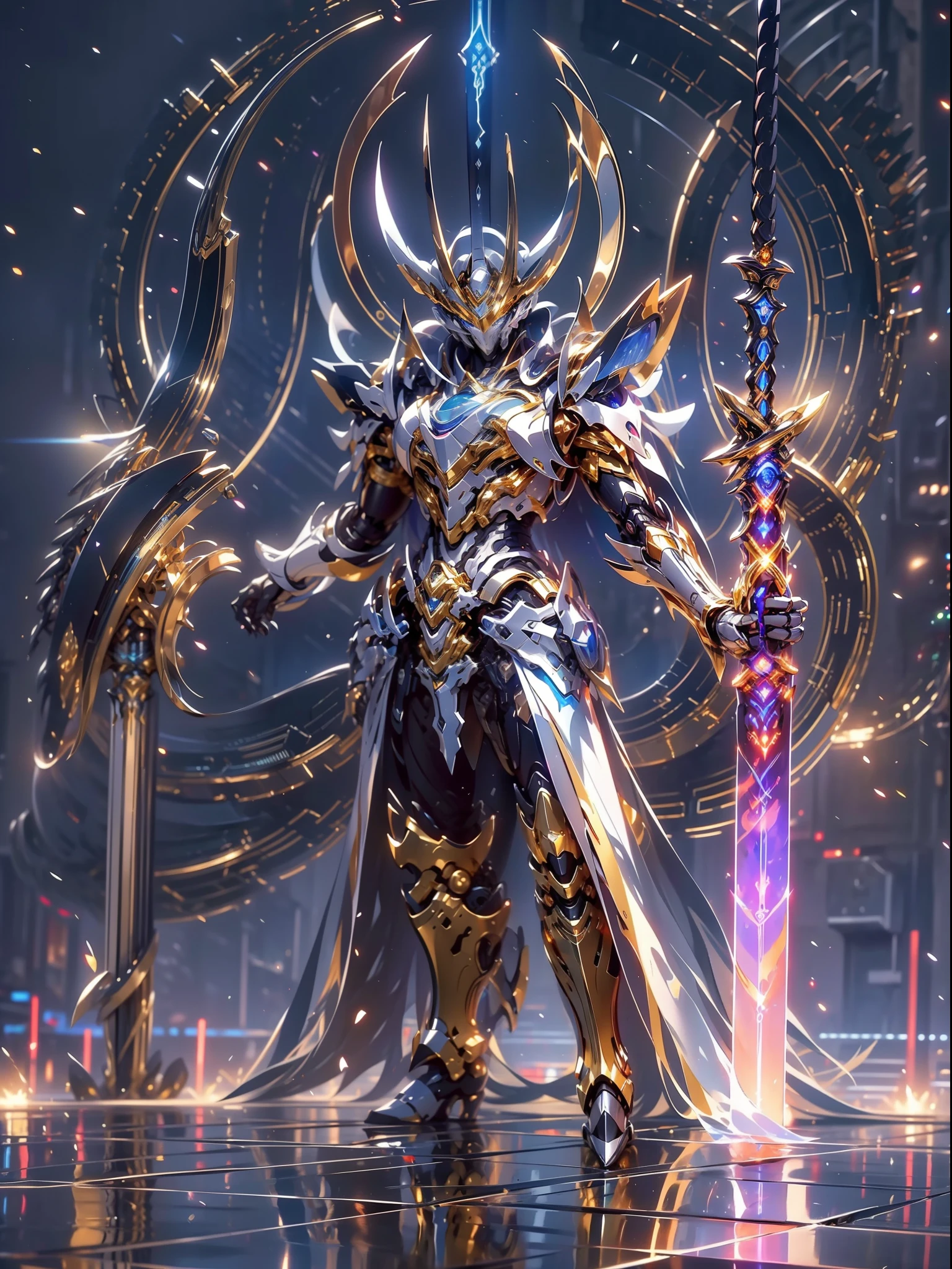 ultra wide shot, full body shot, (masterpiece) ， the best quality， High Quality， （futurism：1.1）， （A paladin holding a light infused sword, light magic, divine, magewave, silver and gold）， movie lights， （Exquisite future）， Beautiful and beautiful， Ultra detailed， Great composition， floating， Depth of field， （Very detailed CG，Unity 8k壁纸）， （Beautiful detail background）， Beautiful hair details， dramatic lights， GOGETTA， mecha，Bestquality，ultrahighres，photorealistic