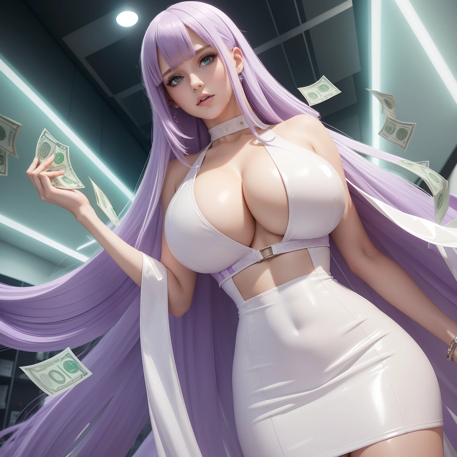 1girl, green eyes, white latex dress, close up, cleavage, big boobs, soft abs, long light purple lilac hair, extremely detailed, piles of money in background, dollars in the air, standing in bank, money everywhere