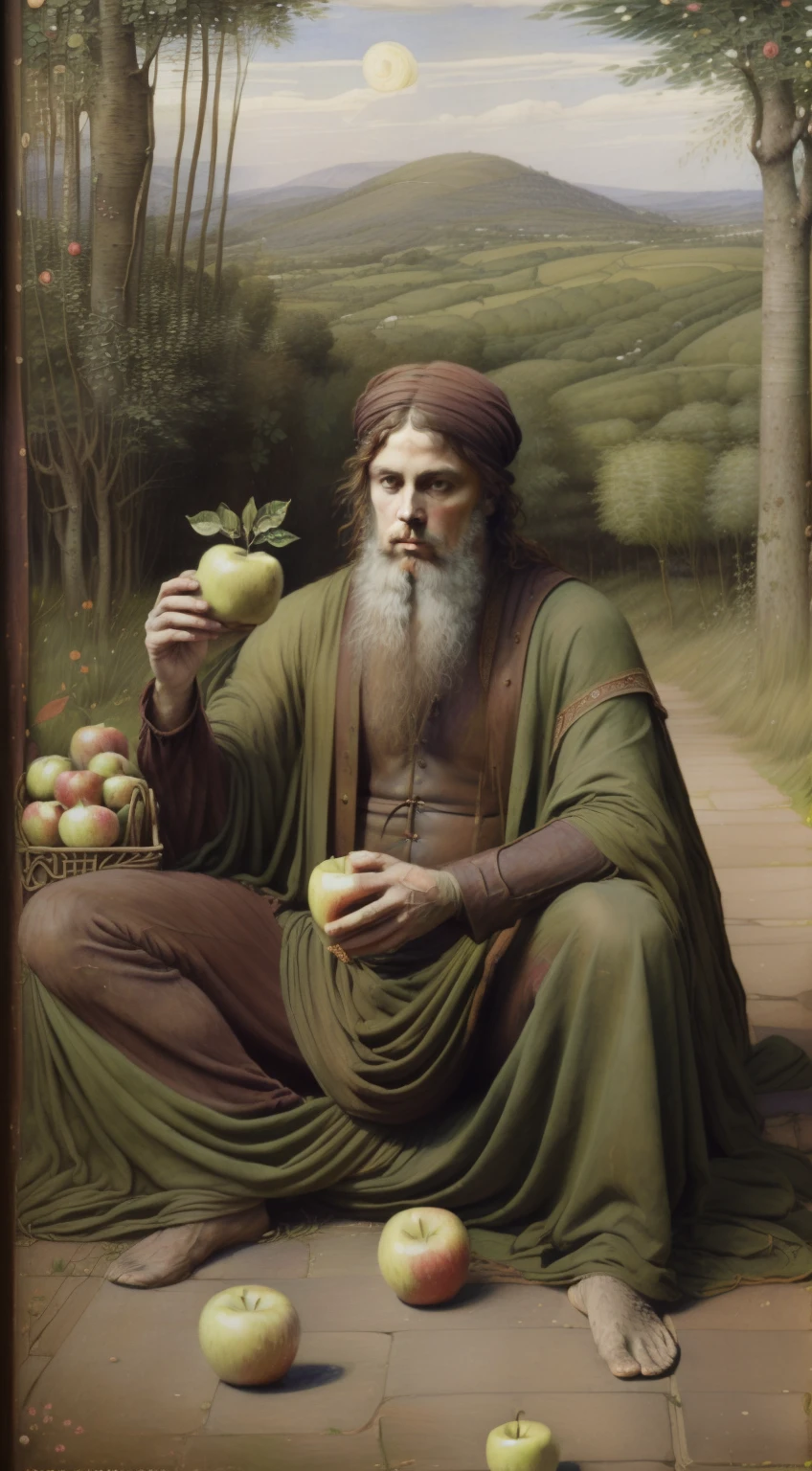 (((Pre-Raphaelite Celtic painting of a man dressed in rags, beggar gnaws an apple, louco, floresta, trapos de roupa pendurados em uma macieira)))