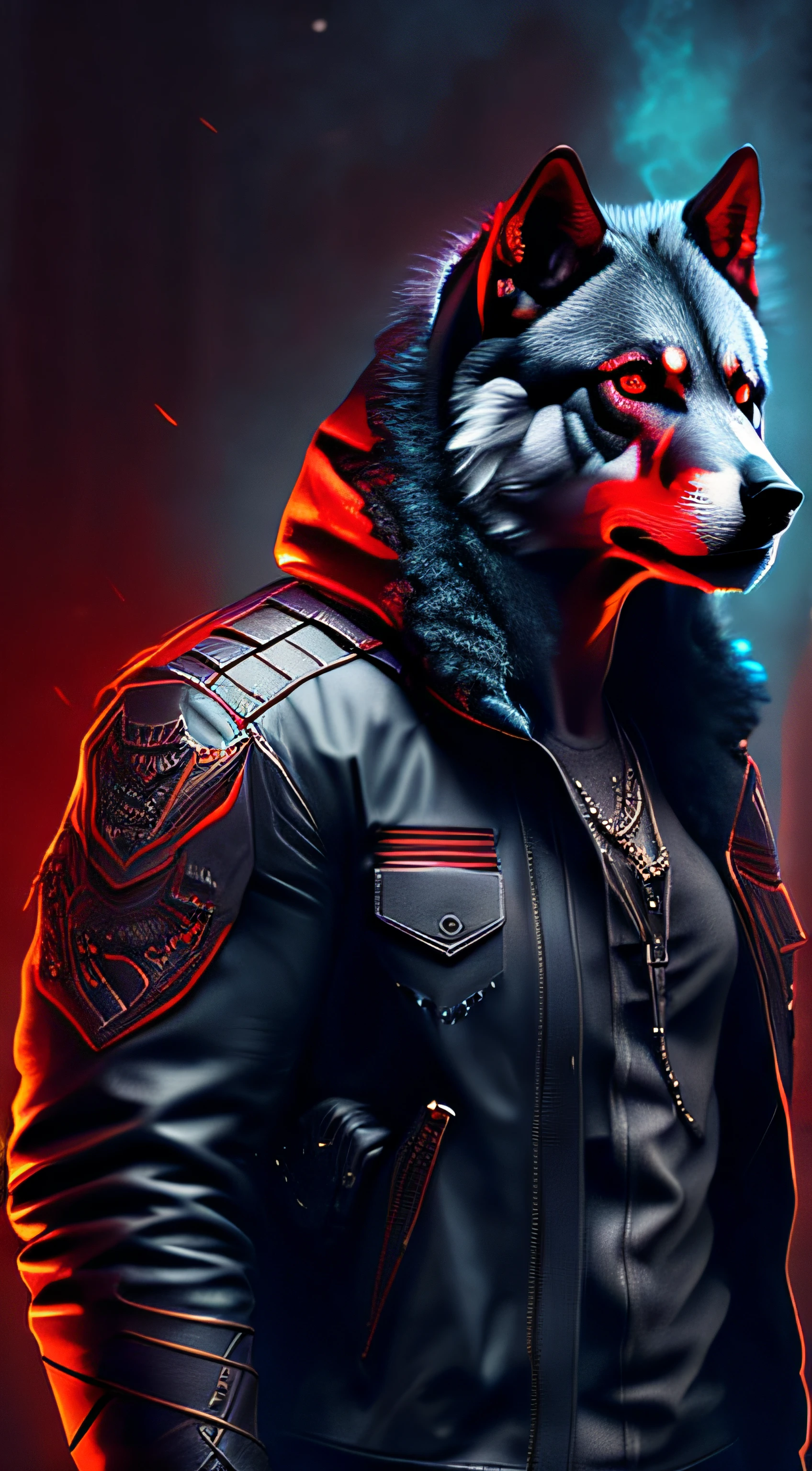 Retrato sombrio de um lobo com roupa escura de capuz, interior da roupa escura estilo hacker, olhos vermelhos iguais um tochas pegando fogo, fundo escuro, Cyberpunk, Foto premiada, Bokeh, neon lights, imagem da cintura para cima, corpo do lobo musculoso de jaqueta com capuz de couro de frente para foto usando o capuz, lobo detetive