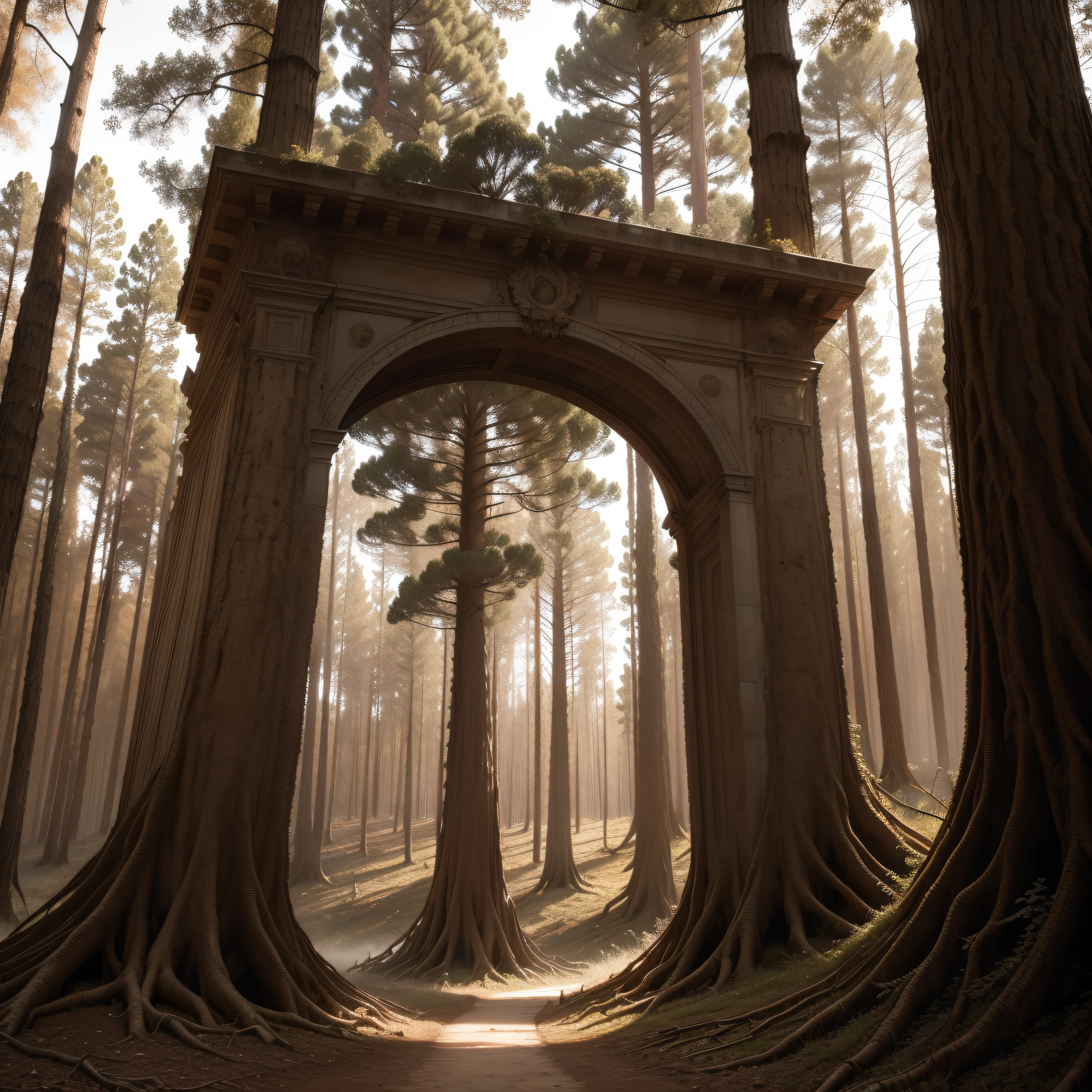 (extremadamente detallado, obra maestra, La mejor calidad, Tono sepia) bosque enorme, Trees with a human face, ruinas. Daytime Lighting.