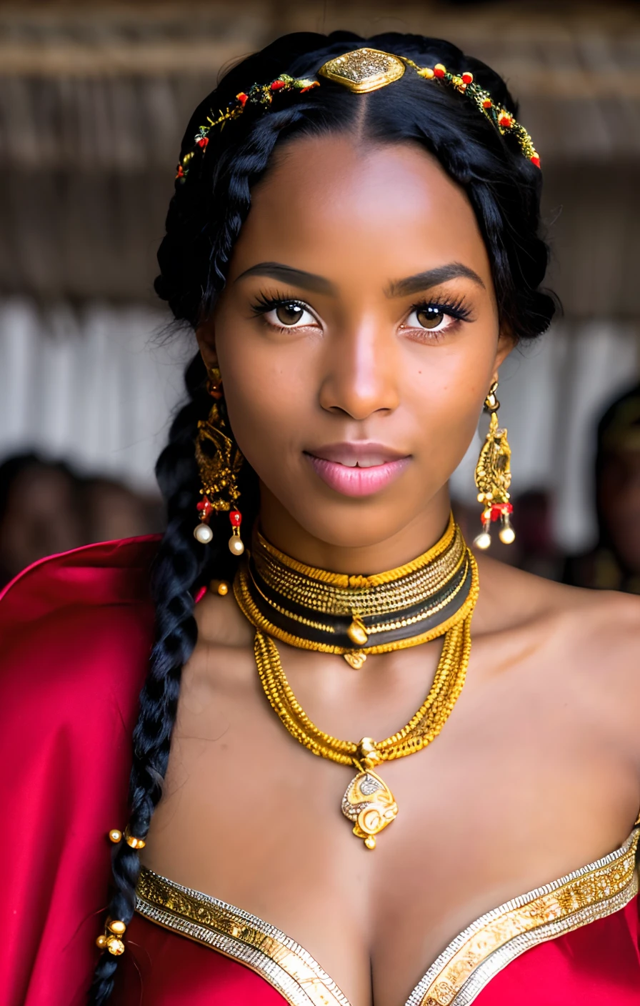 , black hair, long hair, jewelry, revealing dress, red robe, cleavage, thighs, cape, red cape, earrings, black eyes, cybergoth, as Tigray Female Fighter (Ethiopia): Adorned in threadbare civilian clothes or military-style uniforms, wearing used scarf, patch of the Tigray People's Liberation Front, with black hair in a braided style and piercing green eyes in an epic Ethiopian landscape. BREAK ((photorealistic), realistic face), medium breasts, beautifully detailed woman, realistic face, detailed mouth, extremely detailed eyes_and_face, beautiful attractive face, beautiful detailed eyes, (photorealistic), pronounced feminine feature, matte eyeshadow, eyelashes, eyeliner, perfect fit body, smooth skin, dynamic posing, toned body, flat belly, perfect feminine hands BREAK color HD photo,Cinematic Lighting, 8k, Crazy Detail, Intricate Detail, Beautiful Color Grading, Color Grading, Photographic Writing, Photography, Sharp Focus, Shot With Lens 60mm, ISO 300, f/4, 1/200