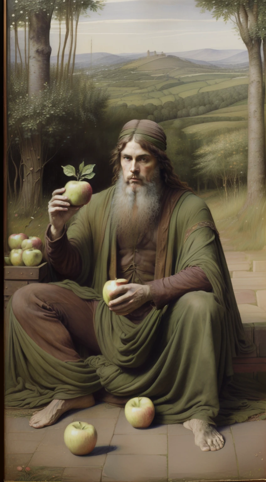 (((Pre-Raphaelite Celtic painting of a man dressed in rags, beggar gnaws an apple, louco, floresta, trapos de roupa pendurados em uma macieira)))