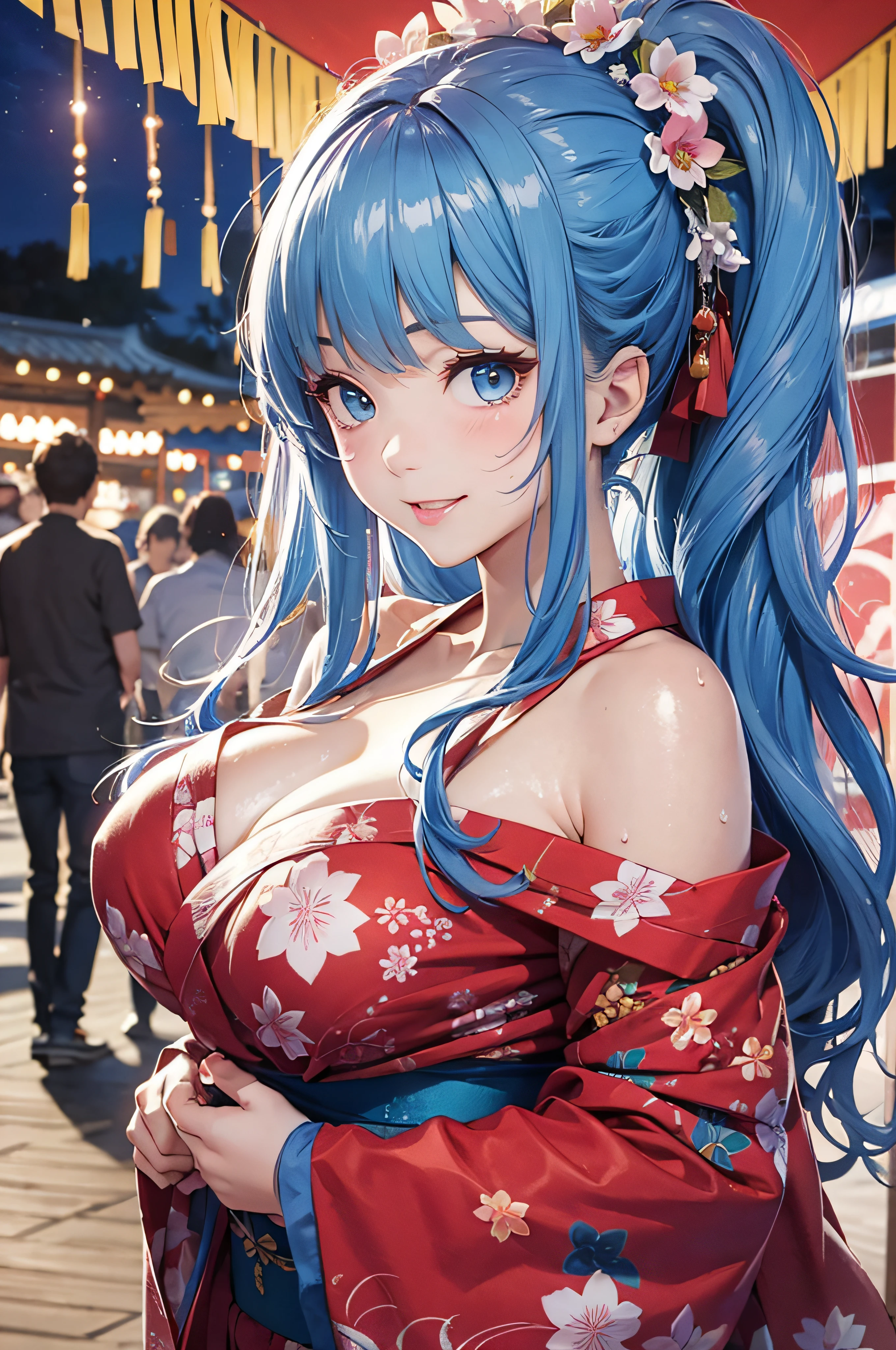 8K picture quality、top-quality、masutepiece、An ultra-high picture quality、ultra-detailliert、Ultra-realistic hair quality、Vibrant colors、Beautuful Women、Beautiful long hair、Shiny hair、detailed hairs、blue hairs、poneyTail、Blue eyes、shinny skin、Lace underwear、Very gigantic-breasts、Sweat on the forehead and cheeks、extremely big ass、Fluffy off-shoulder yukata、A smile、pink tongue、Ultra-realistic flesh feeling、Red cheeks、summer festival in background