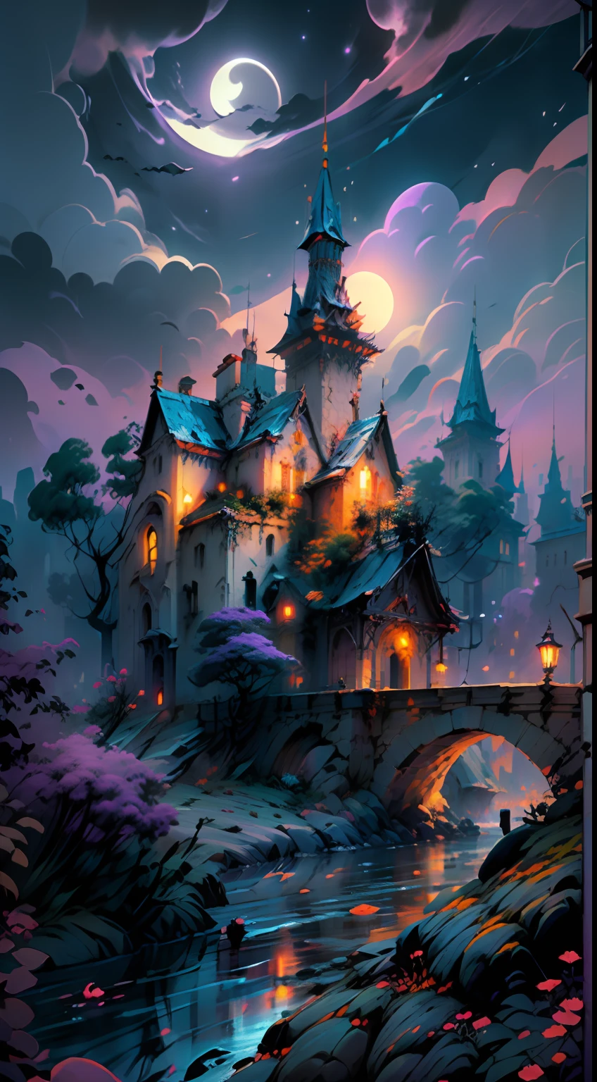 (magical place:1.2, vibrant colors:1.1, bridge, city in the horizon, 8k) dracula dark castle, dark purple atmosphere