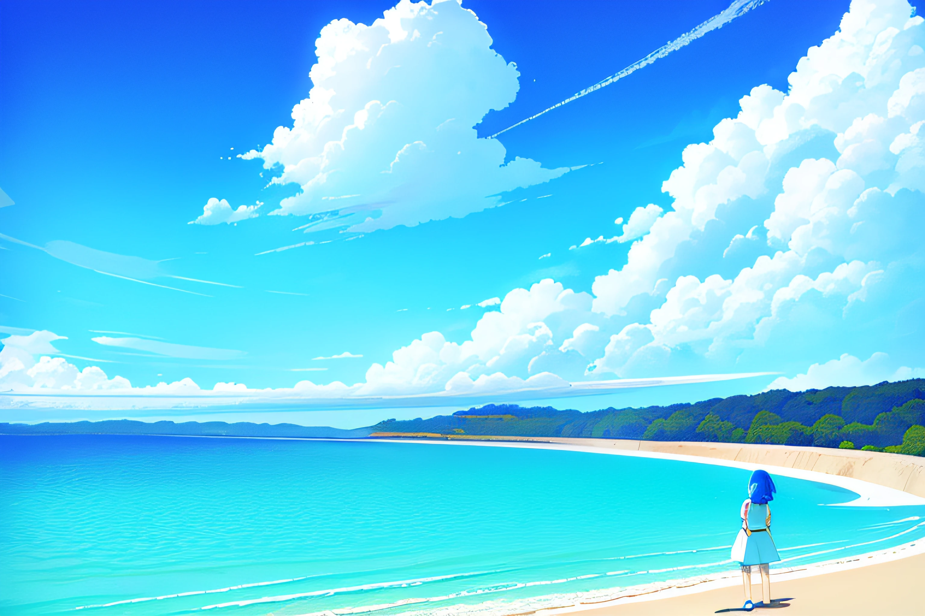 obra-prima, (melhor qualidade), (1girl), solo, (alto contraste: 1.2), (high saturated: 1.2), ((hands in a pocket)), ((vestido preto e branco)), olhando para o espectador, ((tema branco e azul claro: 1.3)), ((fundo branco e azul claro: 1.5)), olhos azuis, ((caminhada: 1.3)), corpo inteiro, black footwear, ((clear blue water in the sky and white cloud and day)),(de cima: 1.2)), Pintura a tinta