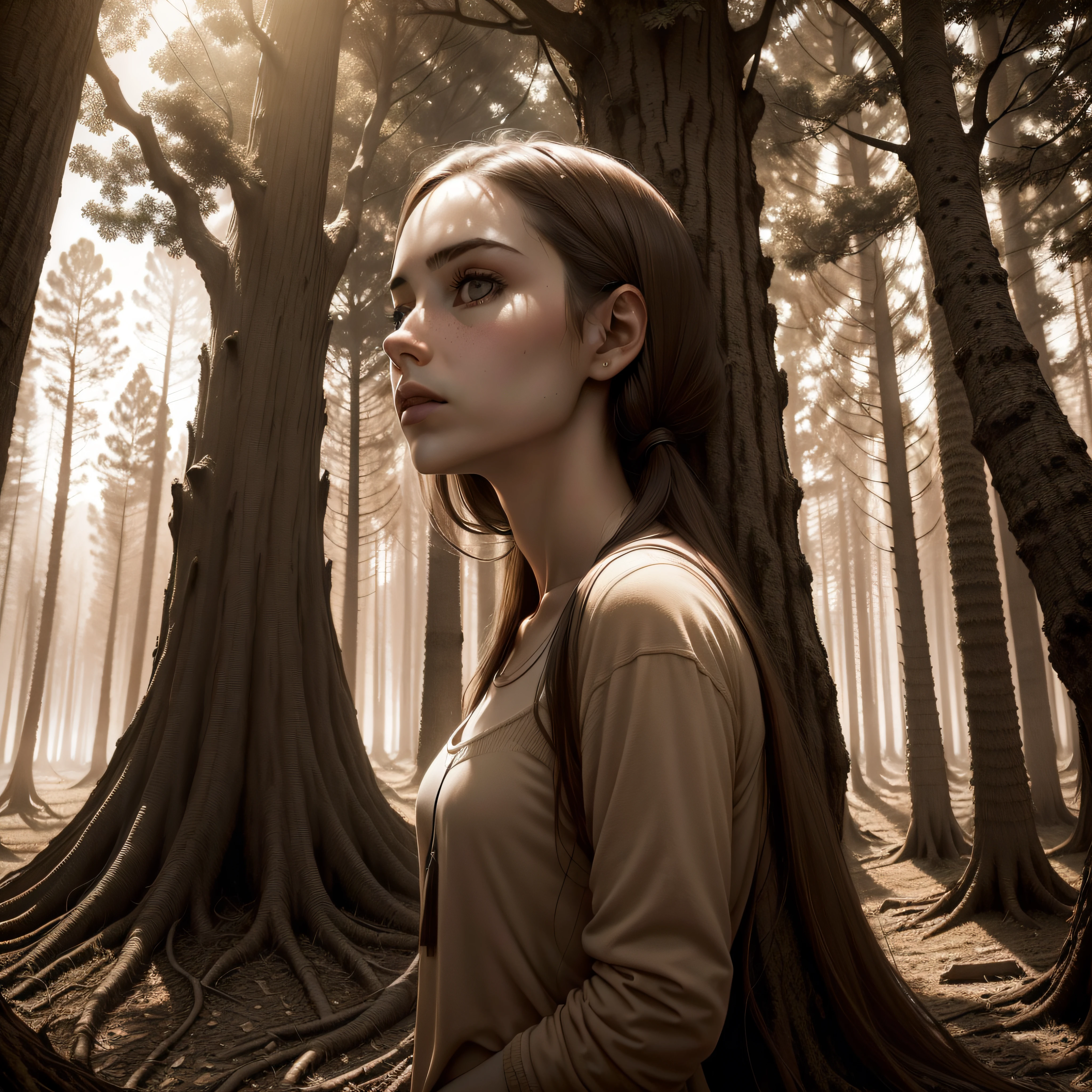 labia licking in golden hour, paranormal activities, surreal illustrations of forrest with trees made of human hands, beautiful young woman with face of Winona Ryder morphed with Angelina Jolie laughing, color pencil art in style of zdzisław beksiński