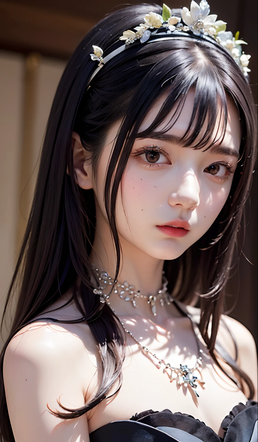 ((top-quality、​masterpiece:1.3))、sharp:1.2、Perfect Body Beauty:1.1)、Highly detailed facial and skin texture、Detailed eye、Fantasia、(Pure black dress:1.3)、(chains:1.3)、二重まぶた、((Longhaire:1.5))、(dark brown  hair)、(well-groomed bangs:1.2)、((One Woman))、fantasy castle、tying  hair、Black Princess、darkened room、Darkness Falls、The Princess Who Turned Evil、Fallen into evil、Evil Princess、a necklace、Luxurious ornaments、