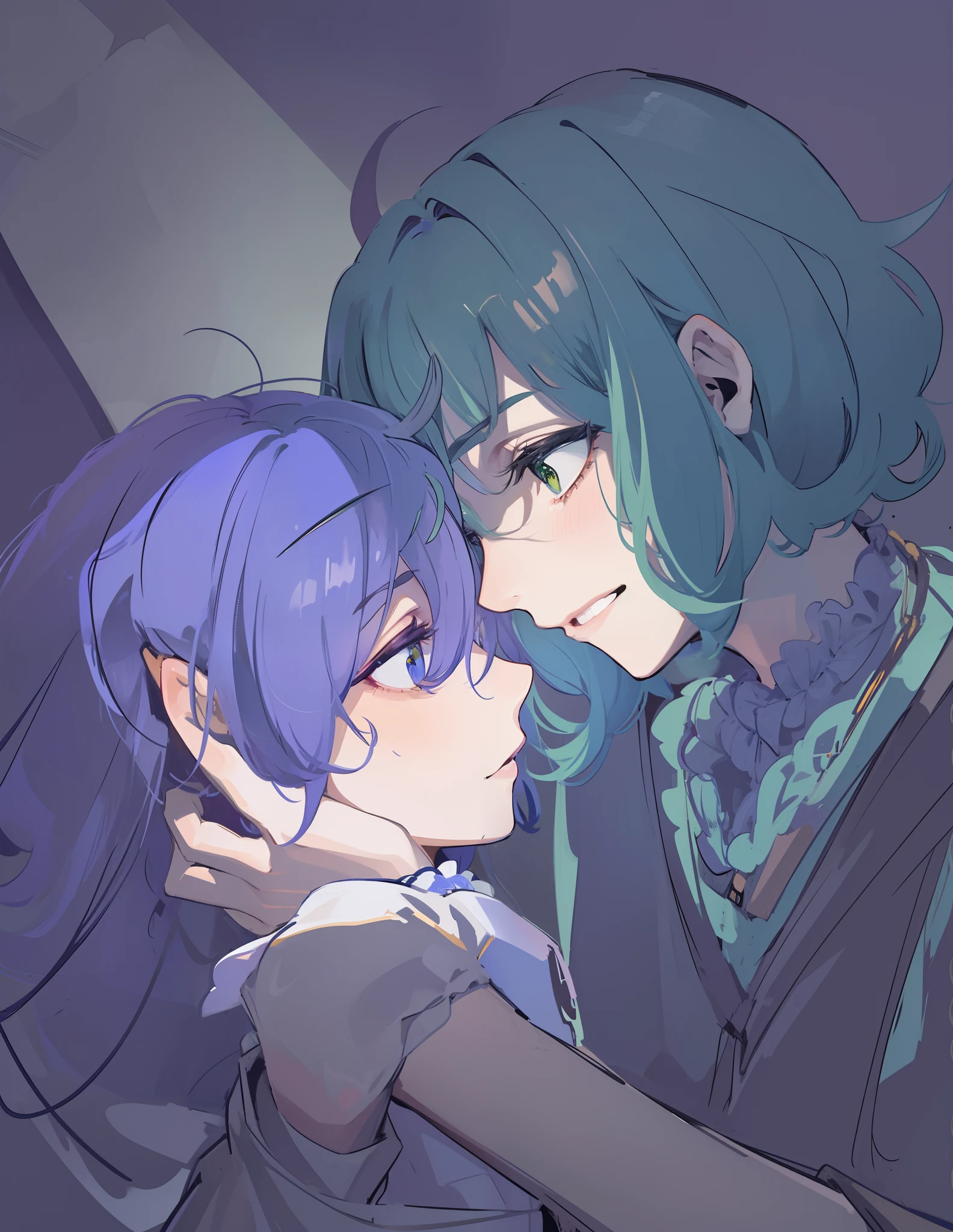 Holding his wife's face,The wife shows her ears,The man looked at his wife with green eyes,Pinned to his head with a yellow smile emoji hairpin