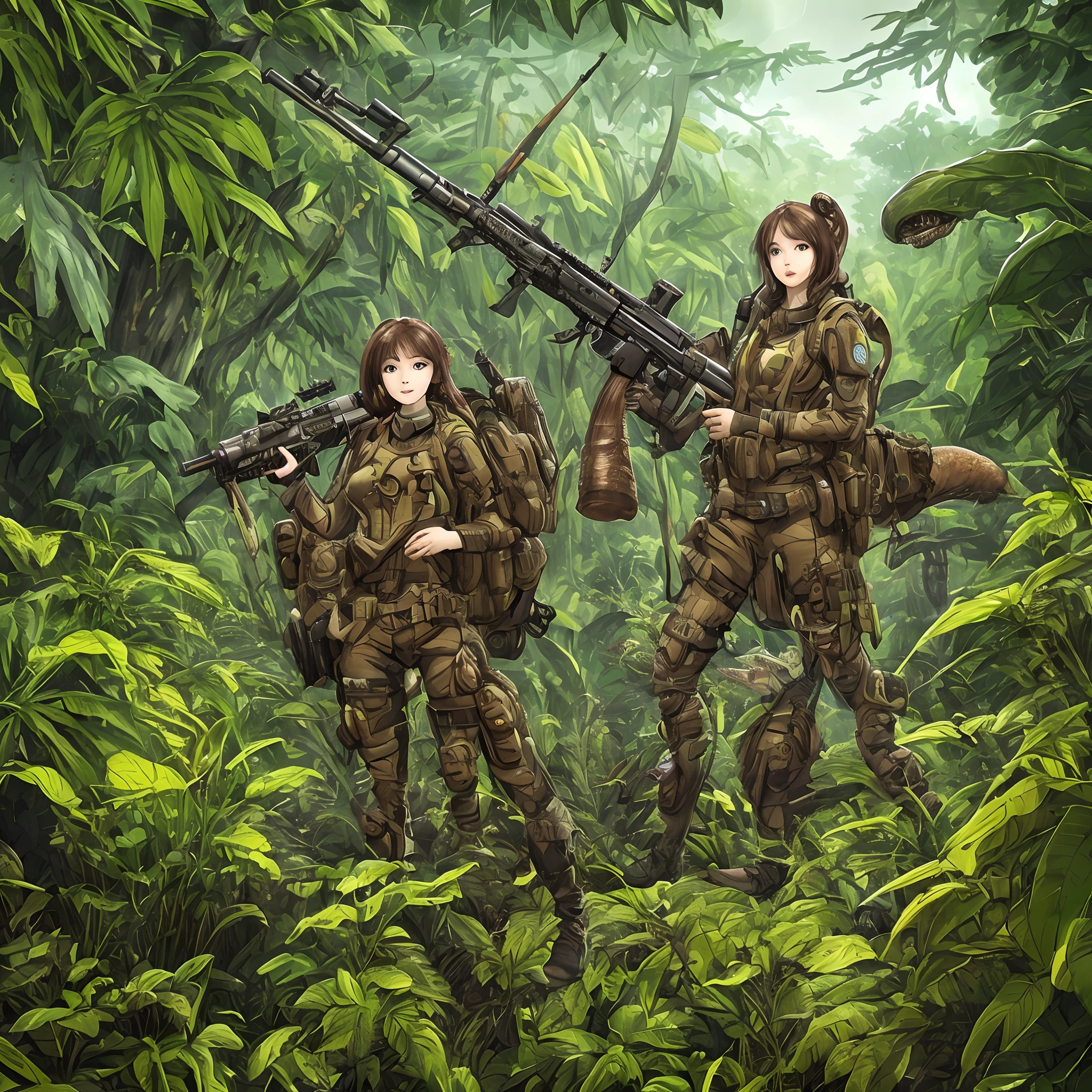 (Jungle Adventure):1.3、(Deep in the jungle):1.5、((In the dense rainforest, the sun does not reach and the grass is cleared without a path))、(3Adult Beauty):2、(((An expedition team consisting of adult beauties with black hair in safari hats and safari jackets walk in formation through the forest))):1.5、(The dim):1.3、(rays of moonlight):1.3、(dark):1.3、Accompanying photo、From the back3mA big monkey is looking at us.