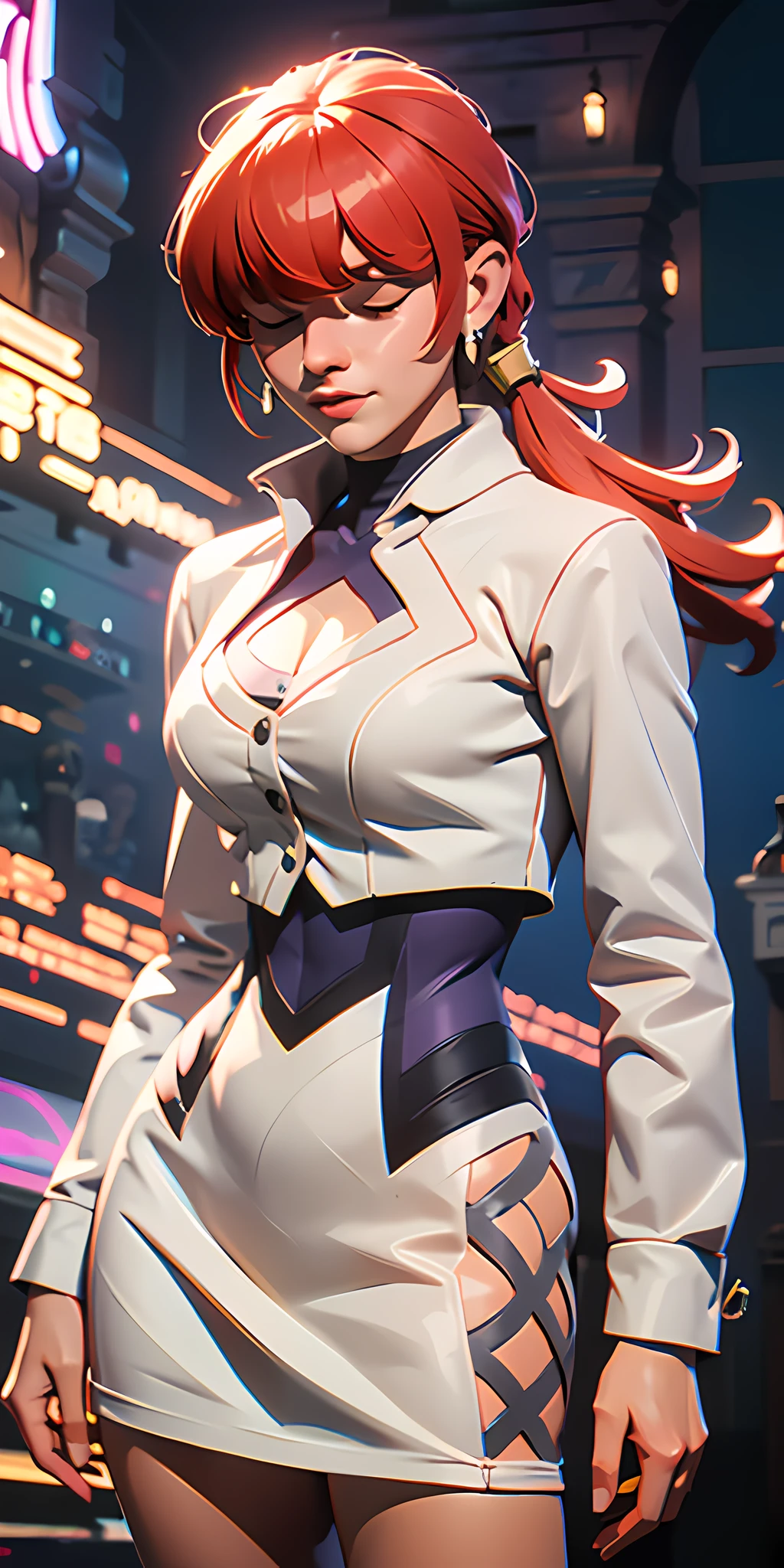 Apenas a [Shermie], vestinFaça um she1, hair over eyes, split ponytail, clothing cutout, earrings, jewelry, miniskirt, white skirt, leotard, white jacket, long sleeves, extremamente apertado no corpo e apertado, cabelo ruivo, cabelo muito curto, very messy hair, hair with bangs on the front Make eyes, olhanMake for the showDo, (((pose seria interaginDo e apoiar-se em algo))), em uma loja, machines, computaFachadas, Vehicles, illuminating lightsMake the place, elevaFaçar, ((corpo inteiro):1.5). 16k, UHD, best possible quality, ((best possible detail):1), best possible resolution, Motor Unreal 5, fotografia profissional,