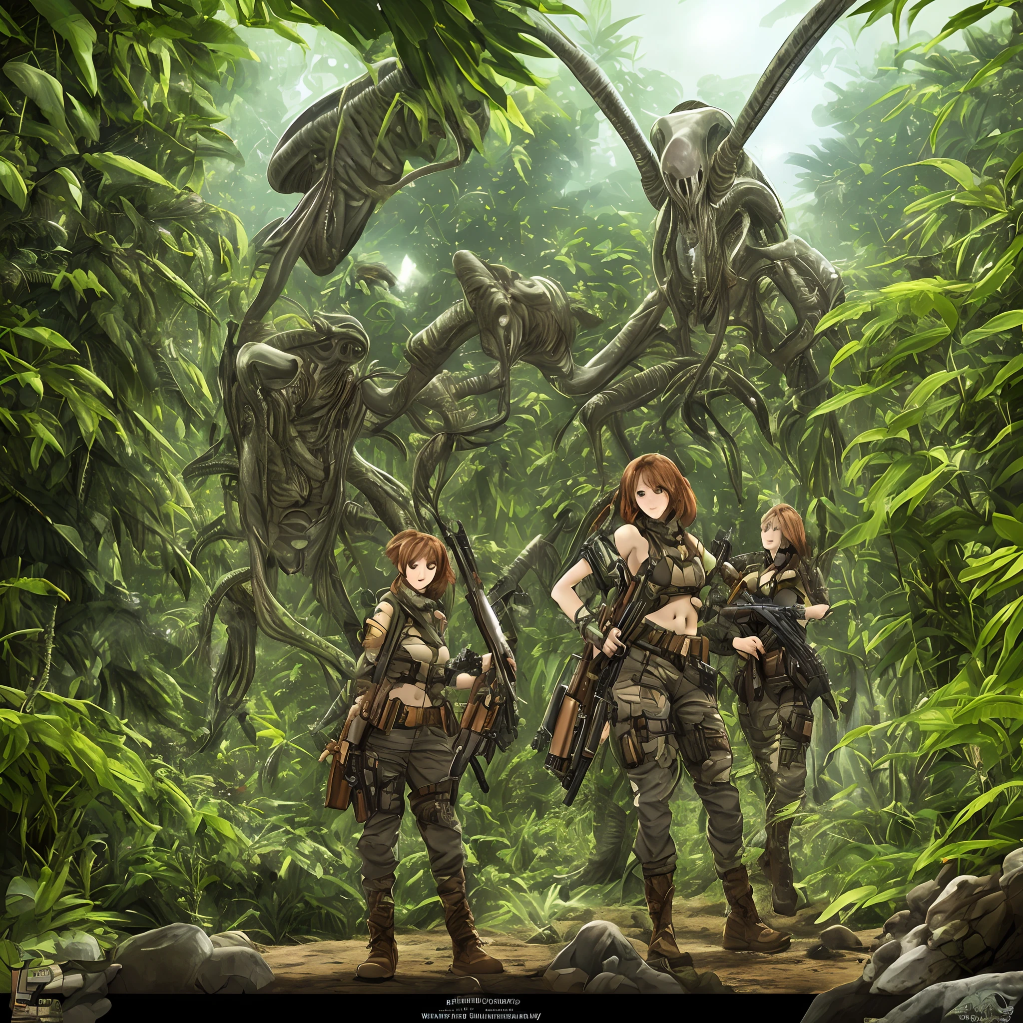 An adventurer girl in alien jungle loaded with arms and ammunition with huge alien creatures high quality