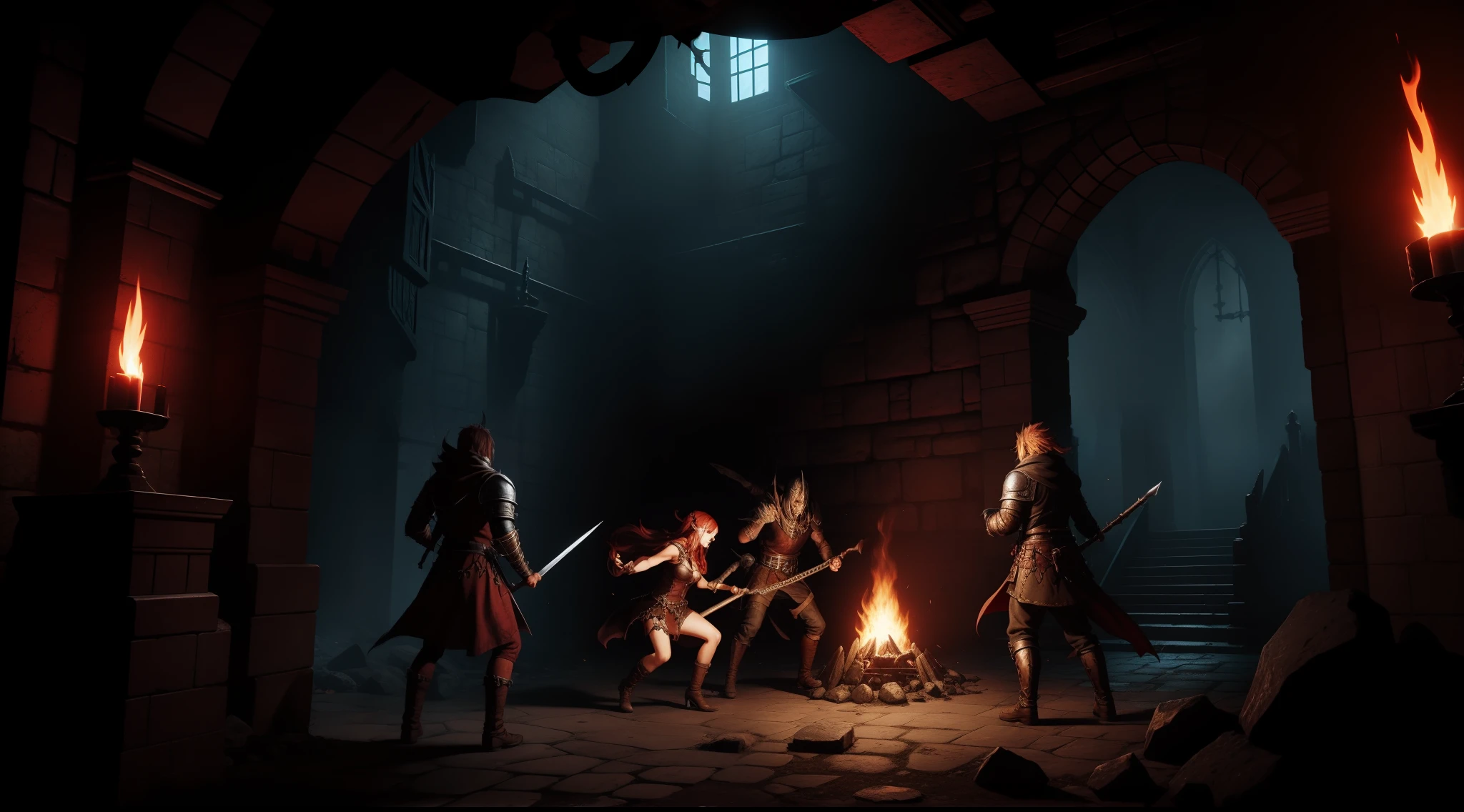 hellish dungeon, high fantasy style, medieval dungeon, attacking fiends, hunting demons