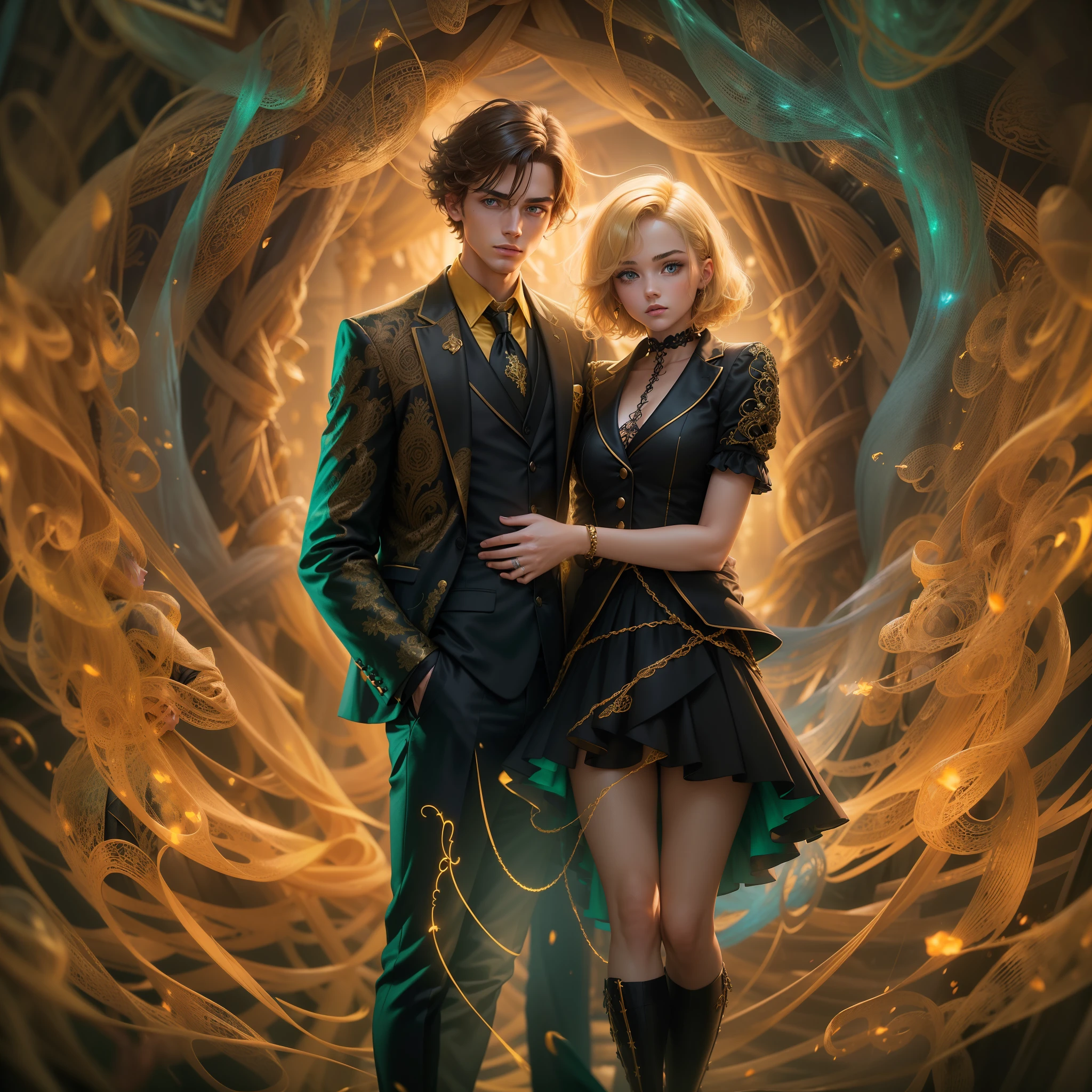 (dramatic illumination, dynamic angle, intense color contrast), A young man and young woman stand back to back, holding hands, looking upwards, a amber aura surrounds, them, waves of light coiling around them (entangle, tangle, zentangle, fractal), in an gothic-style schoolroom, particle effects,(young woman with blonde bob-style hair and blue eyes, wearing black suit jacket and skirt and yellow vest:1.2), (man wearing black and gold suit, brown hair and green eyes:1.2), (surrounded by glowing aura, tangle, entangle), (indoors in gothic-style classroom 1.1)