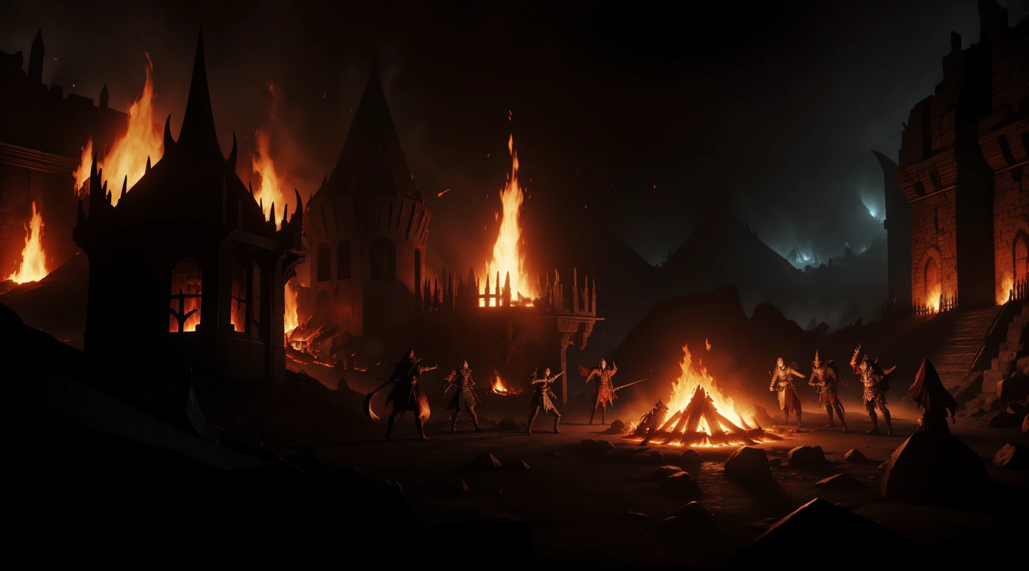 hellish dungeon, high fantasy style, medieval dungeon, attacking fiends, hunting demons, fire and magma everyhere