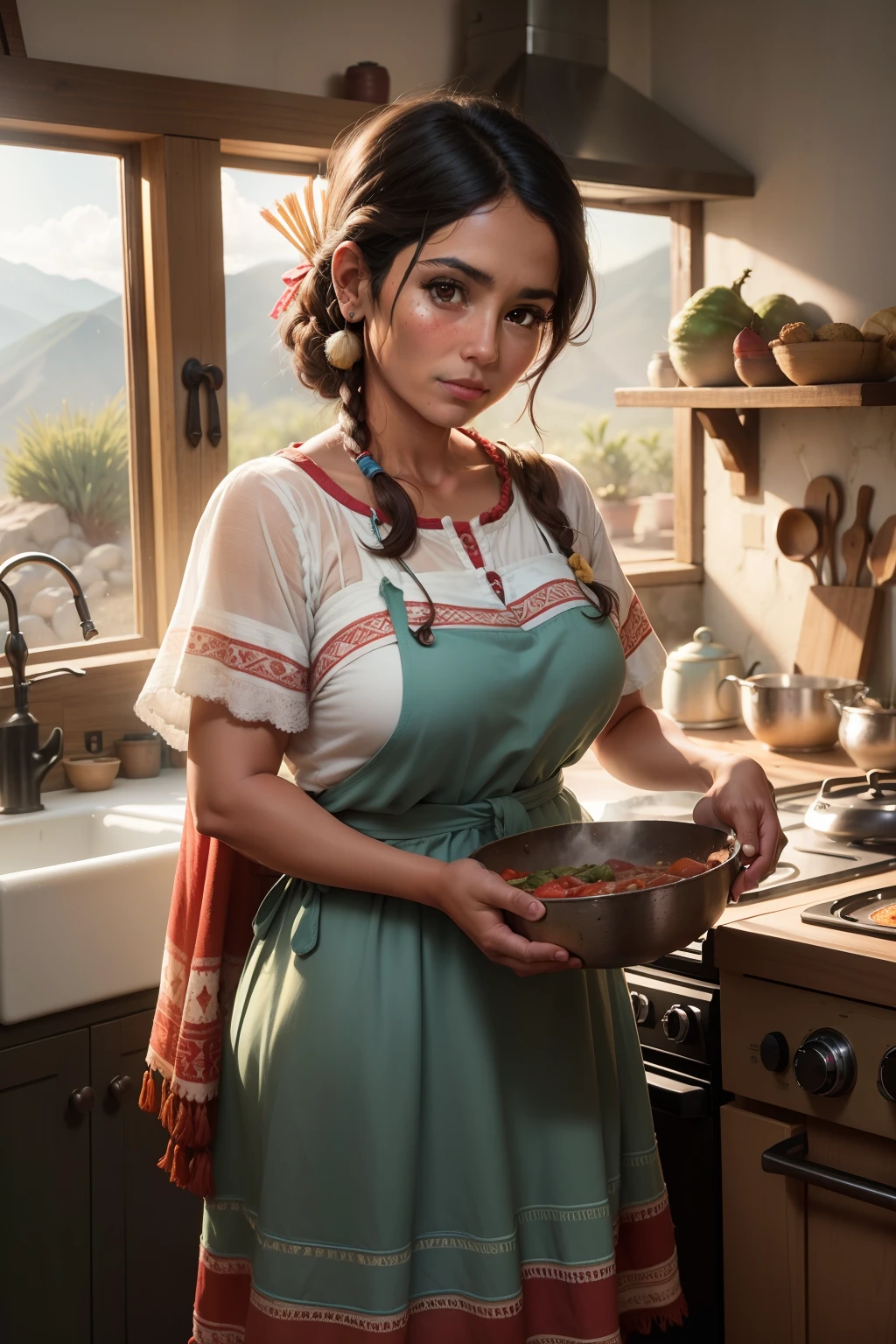 1950s style, Mexican indigenous woman with tanned skin, cocinera del sector rural, haciendo tortillas, vestida con un colorido estilo rompa de sarape, cocinando con olla de barro, mesa con molcajete, tomates, cebollas, chiles, aguacates, en el interior de la cocina, con un fondo rural de adobe, barro, (Obra maestra) (Mejor calidad) (Detallado) (8k) (HDR) (medium shot) (Clarouscuro cinematographic lighting) (foco nítido) (intrincado),