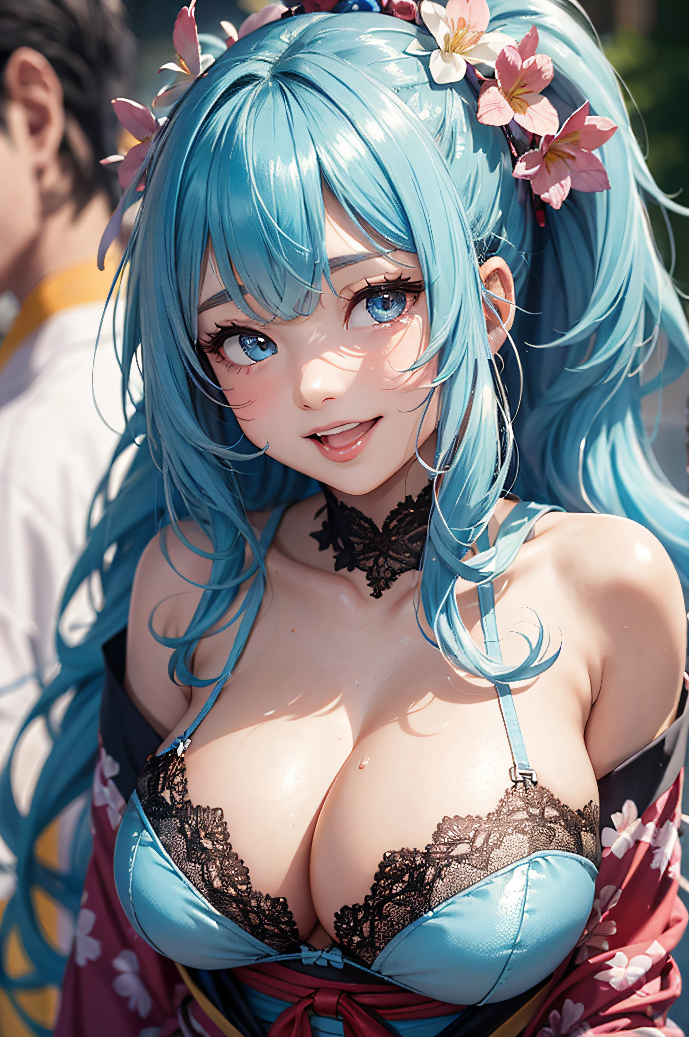 8K picture quality、top-quality、masutepiece、An ultra-high picture quality、ultra-detailliert、Ultra-realistic hair quality、Vibrant colors、Beautuful Women、Beautiful long hair、Shiny hair、detailed hairs、blue hairs、poneyTail、Blue eyes、shinny skin、Lace underwear、Very gigantic-breasts、Sweat on the forehead and cheeks、extremely big ass、Fluffy off-shoulder yukata、A smile、pink tongue、Ultra-realistic flesh feeling、Red cheeks、summer festival in background