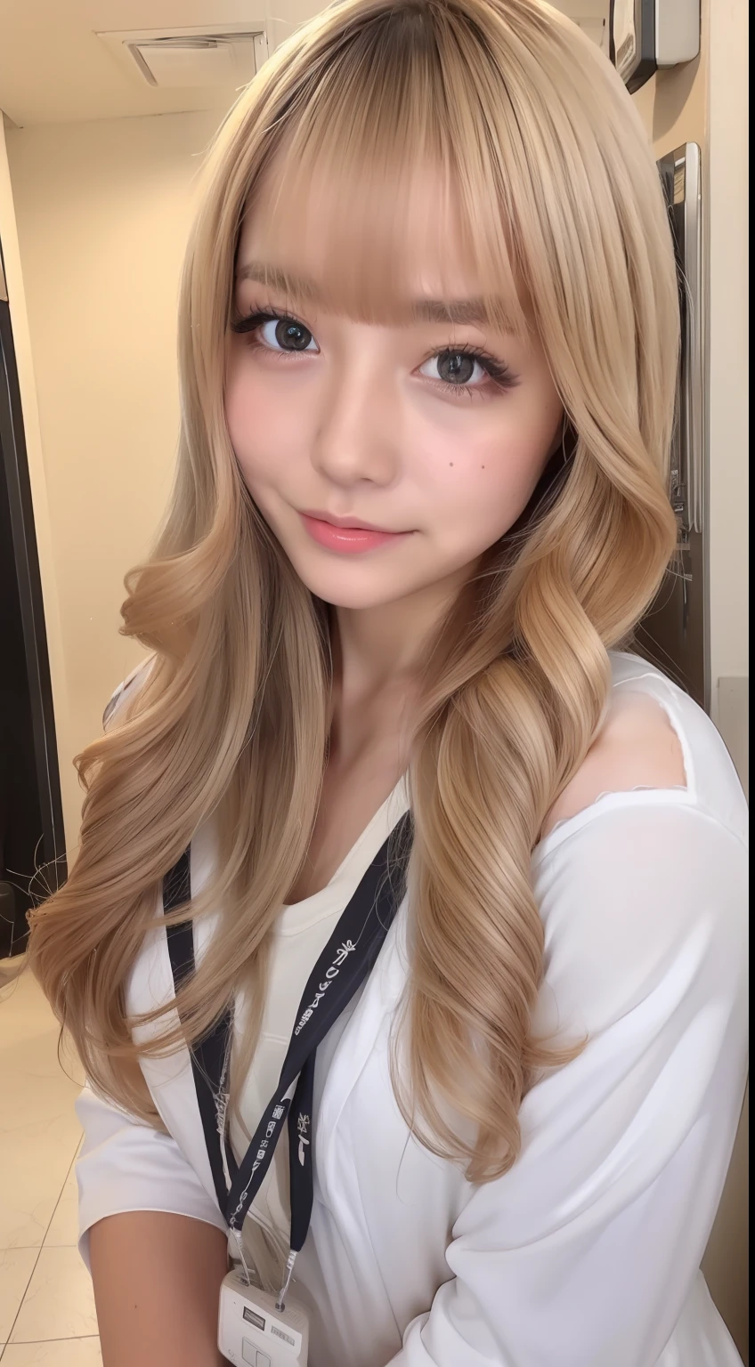 4K、Raw photo、Photoreal Stick、hight resolution、Cute 16 year old woman in Japan , Face like an idol、Bright blonde long hair、With bangs、skin tanned、Tan Cute Real Photo Girl、、Night shift care staff、A nursing home