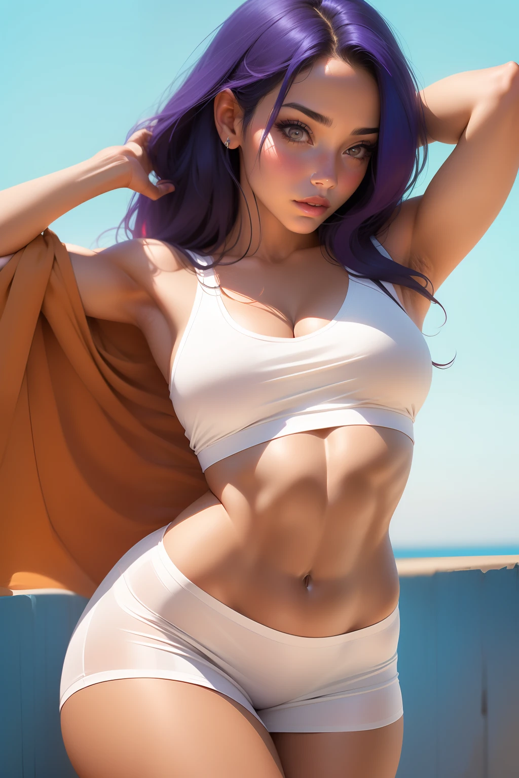 1girl, beautiful face, Beautiful woman, fofo, sexy, corpo inteiro, mama grande, Rosa_Hair, azul_olho, Mentindo, Top view, simples_Background Story, vermelho_Background Story, cama, pernas abertas, ,, hands behind the head, barriga chapada