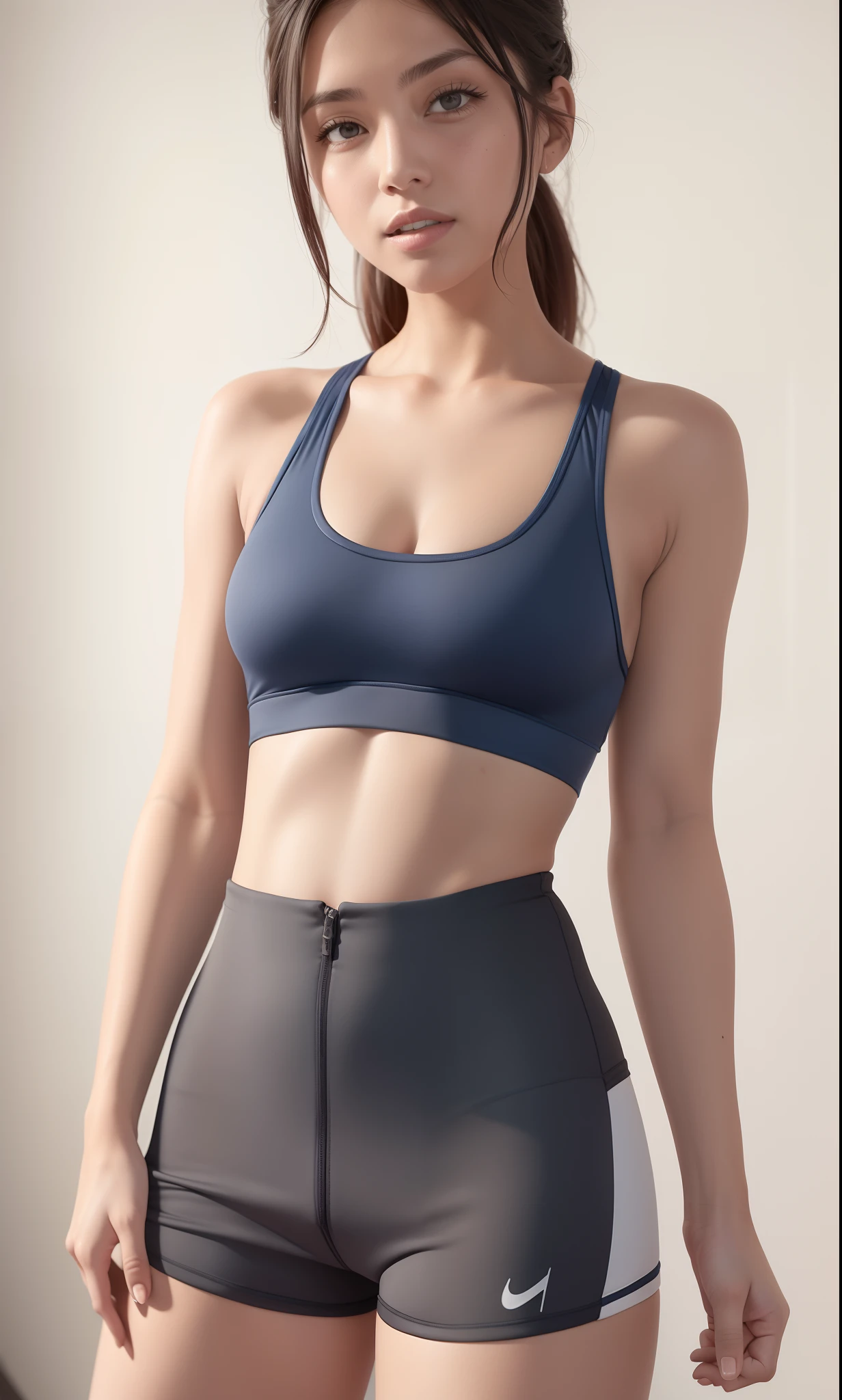A closeup of a gorgeous woman in a sports bra top and shorts, sport bra and shorts, Esporte bom, roupas esportivas fofas, bra and shorts streetwear, foto fit, Bralette, physical : tinyest midriff ever, forma tonificada, sports bra, Encaixe figura delicada, two piece workout clothes, sport bra and dark blue shorts, Desportivo