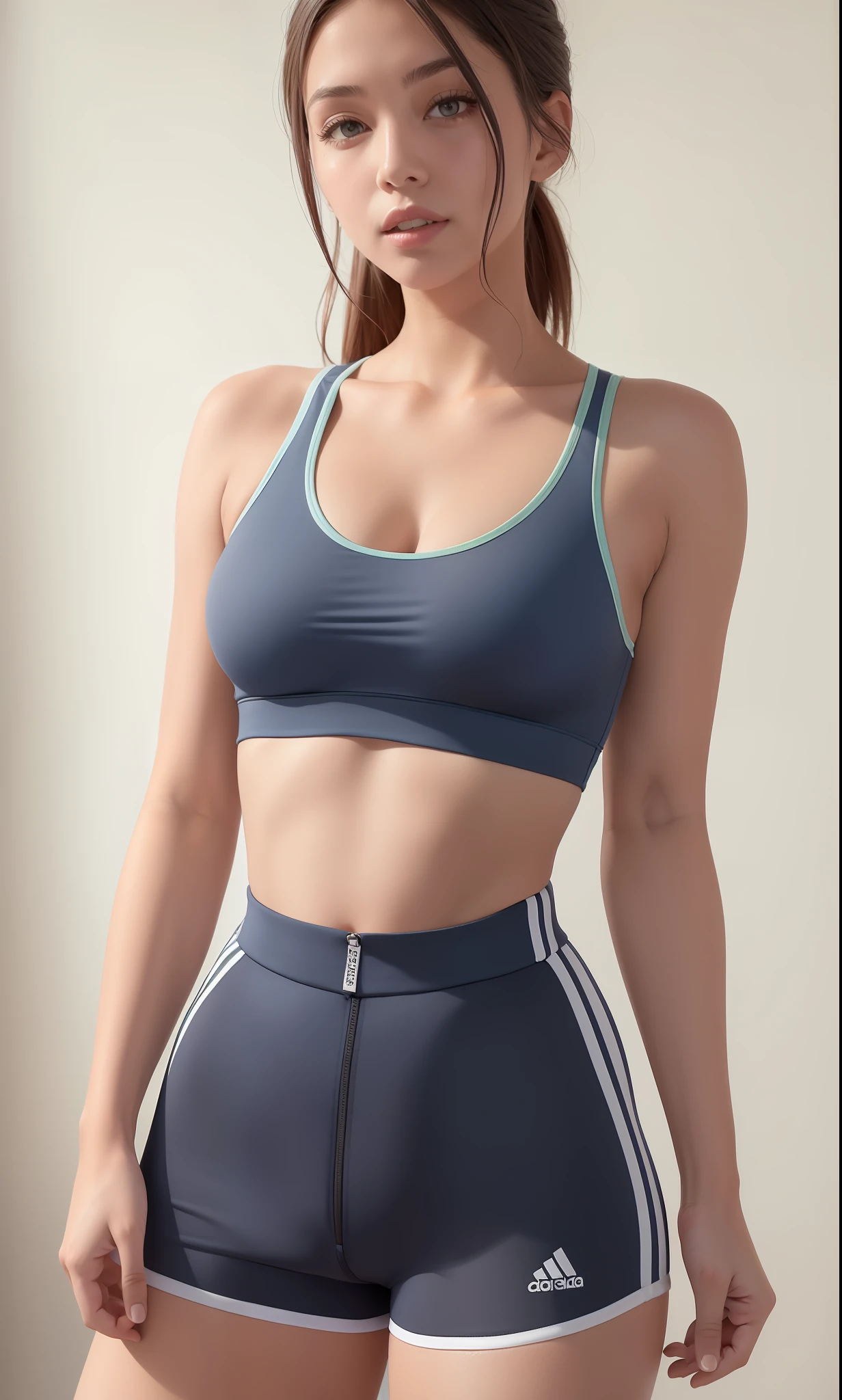 A closeup of a gorgeous woman in a sports bra top and shorts, sport bra and shorts, Esporte bom, roupas esportivas fofas, bra and shorts streetwear, foto fit, Bralette, physical : tinyest midriff ever, forma tonificada, sports bra, Encaixe figura delicada, two piece workout clothes, sport bra and dark blue shorts, Desportivo