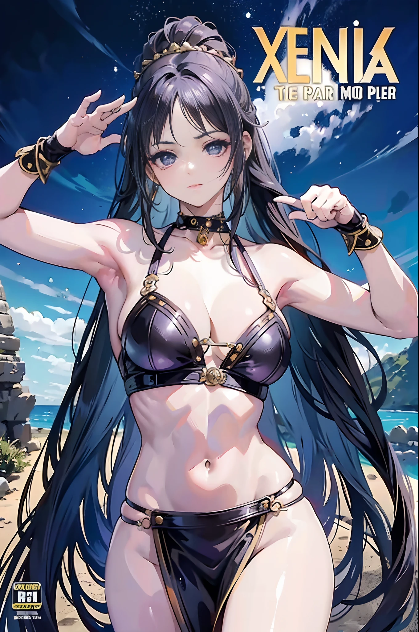 Una mujer vestida como Xena, The warrior princess and with a strange style of hair and makeup, Pose for the cover of a rock metal album. (La mejor calidad) obra maestra ((pechos grandes)) ((((cabello rubio)))) (cuerpo delgado)