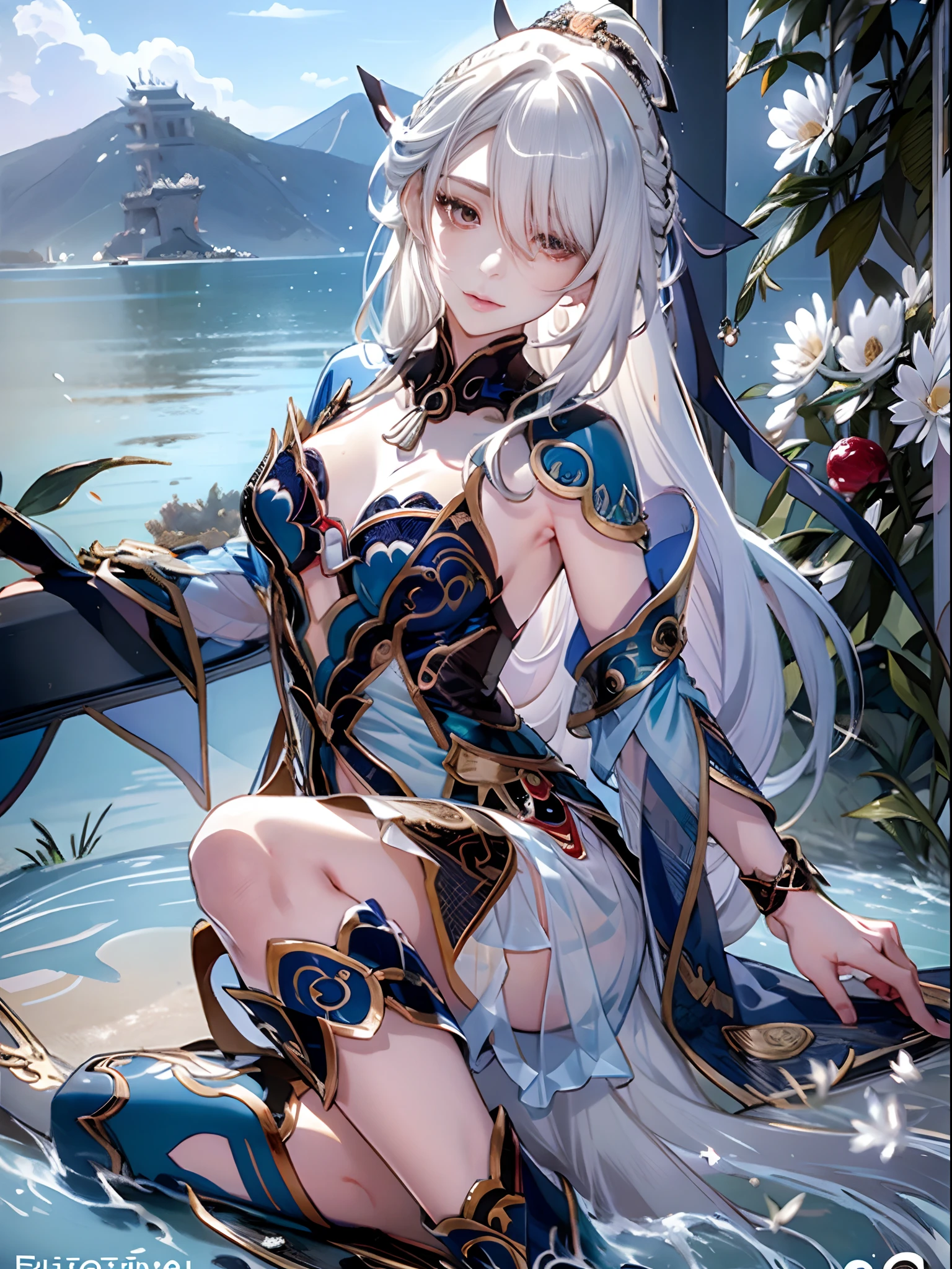 （Enrich the picture，Masterpiece level quality）Beautiful 8K CG artwork，Goddess-like posture，sittinng on the river，Postural exercises，Slim and soft，Translucent skin，Silver hair、The beauty of extra-long hair, Super Long Straight Hair，The skin is fair and juicy，Underwear uniforms，Perspective Part 1.2x enhanced silhouette effect，Exquisite transparent blues pattern in pajamas，The details are intricate and exquisite，The background is slightly blurred，Charming and lustful leg seduction，Drool，K cup big breasts，Blush，Japan goddess，Perfect body slim curves，Scene by the sea，