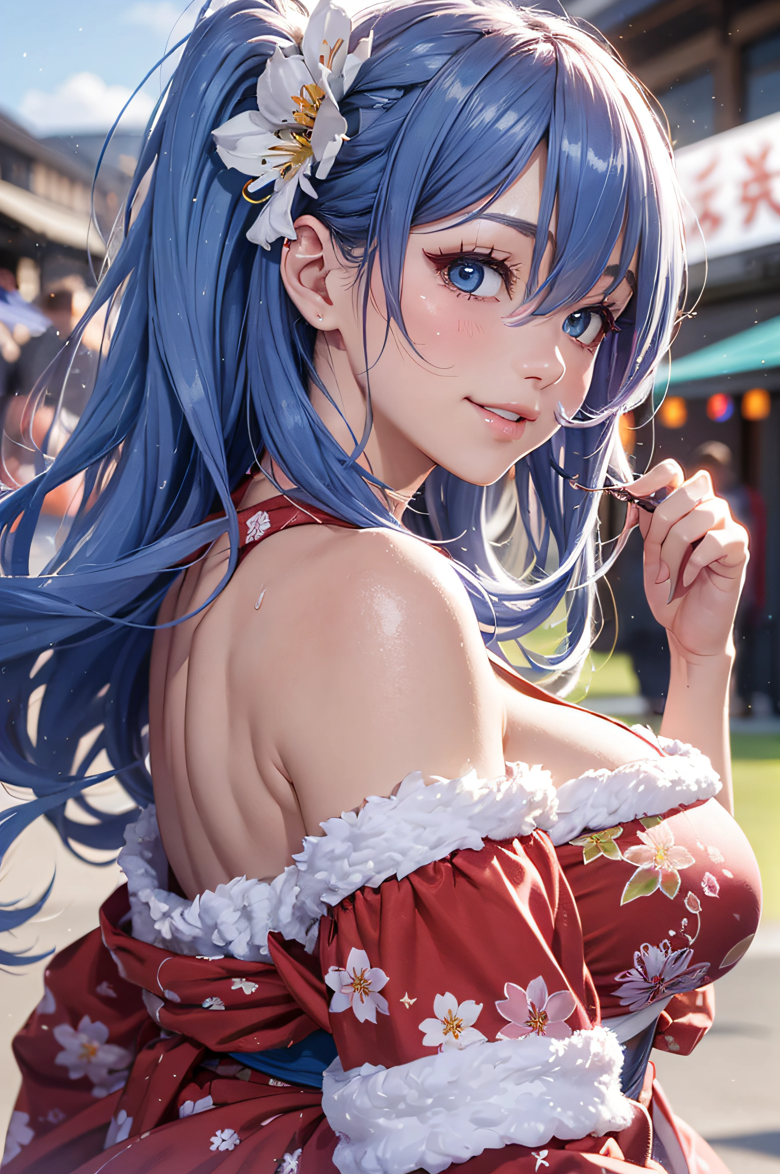 8K、top-quality、masutepiece、An ultra-high picture quality、ultra-detailliert、Ultra-realistic hair quality、Vibrant colors、Fluffy off-shoulder yukata、A smile、pink tongue、Ultra-realistic flesh feeling、Red cheeks、Beautuful Women、Beautiful long hair、smooth hair、detailed hairs、blue hairs、poneyTail、Blue eyes、shinny skin、Very gigantic-breasts、Sweat on the forehead and cheeks、extremely big ass、summer festival in background