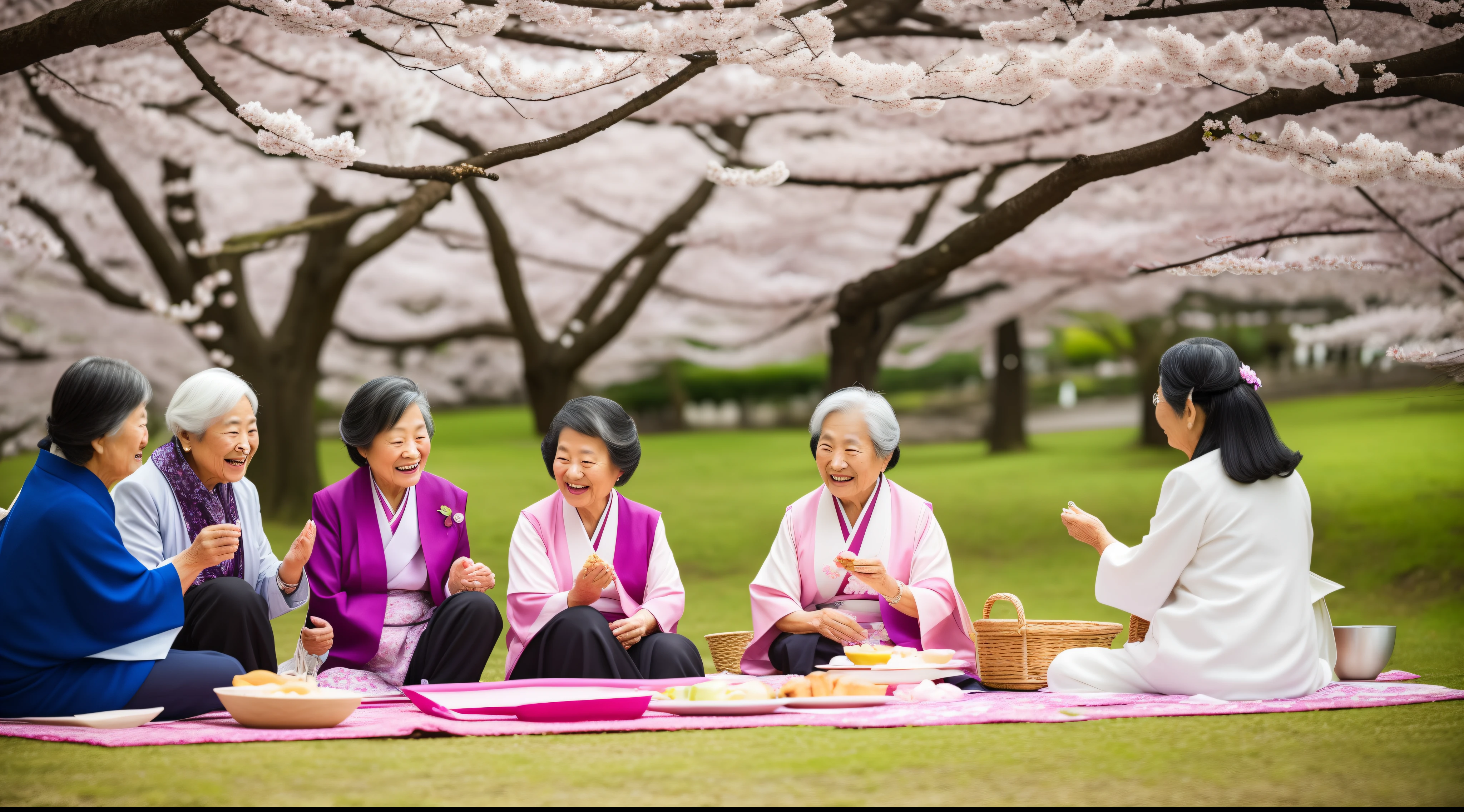 A group of smiling elderly Japanese women picnicking in a cherry blossom park. They are sharing food, laughing and talking excitedly. In the background, some are dancing around to traditional Japanese music. The general feeling is one of joy, union and companionship between longtime friends. In the sky, the Japanese character for Ikigai appears in clouds, representing how maintaining close relationships and cultivating friendships nurtures our sense of purpose and brings us happiness.