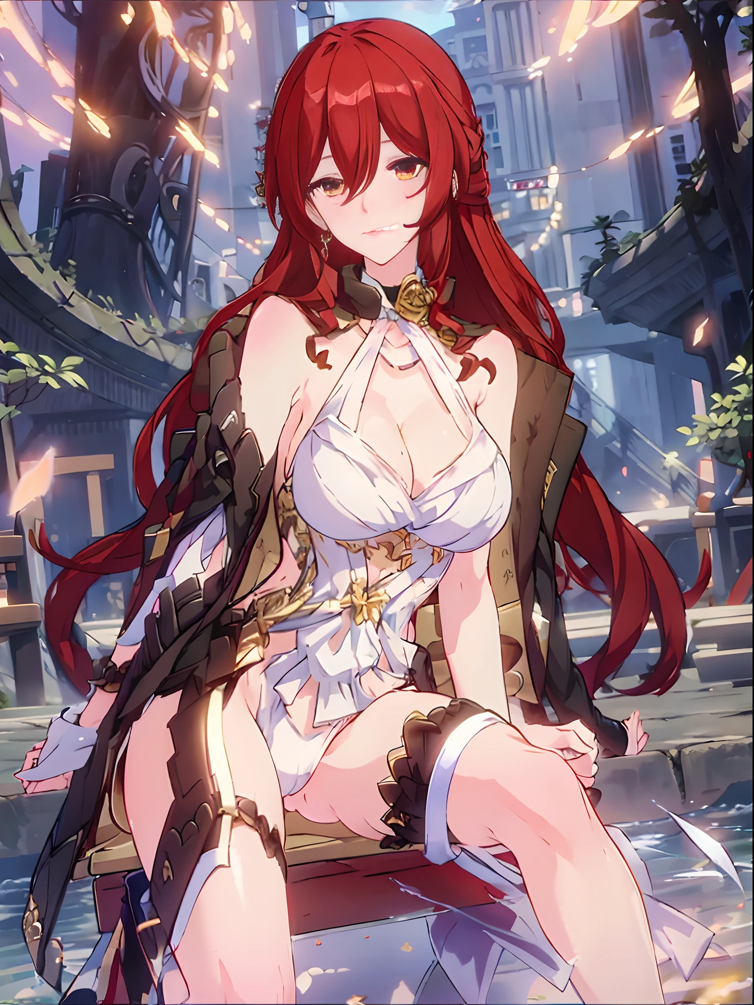 （Enrich the picture，Masterpiece level quality）Beautiful 8K CG artwork，Goddess-like posture，sittinng on the river，Postural exercises，Slim and soft，Translucent skin，Red hair、The beauty of extra-long hair, Super Long Straight Hair，The skin is fair and juicy，Underwear uniforms，Perspective Part 1.2x enhanced silhouette effect，Exquisite transparent blues pattern in pajamas，The details are intricate and exquisite，The background is slightly blurred，Charming and lustful leg seduction，Drool，K cup big breasts，Blush，Japan goddess，Perfect body slim curves，Scene by the sea，