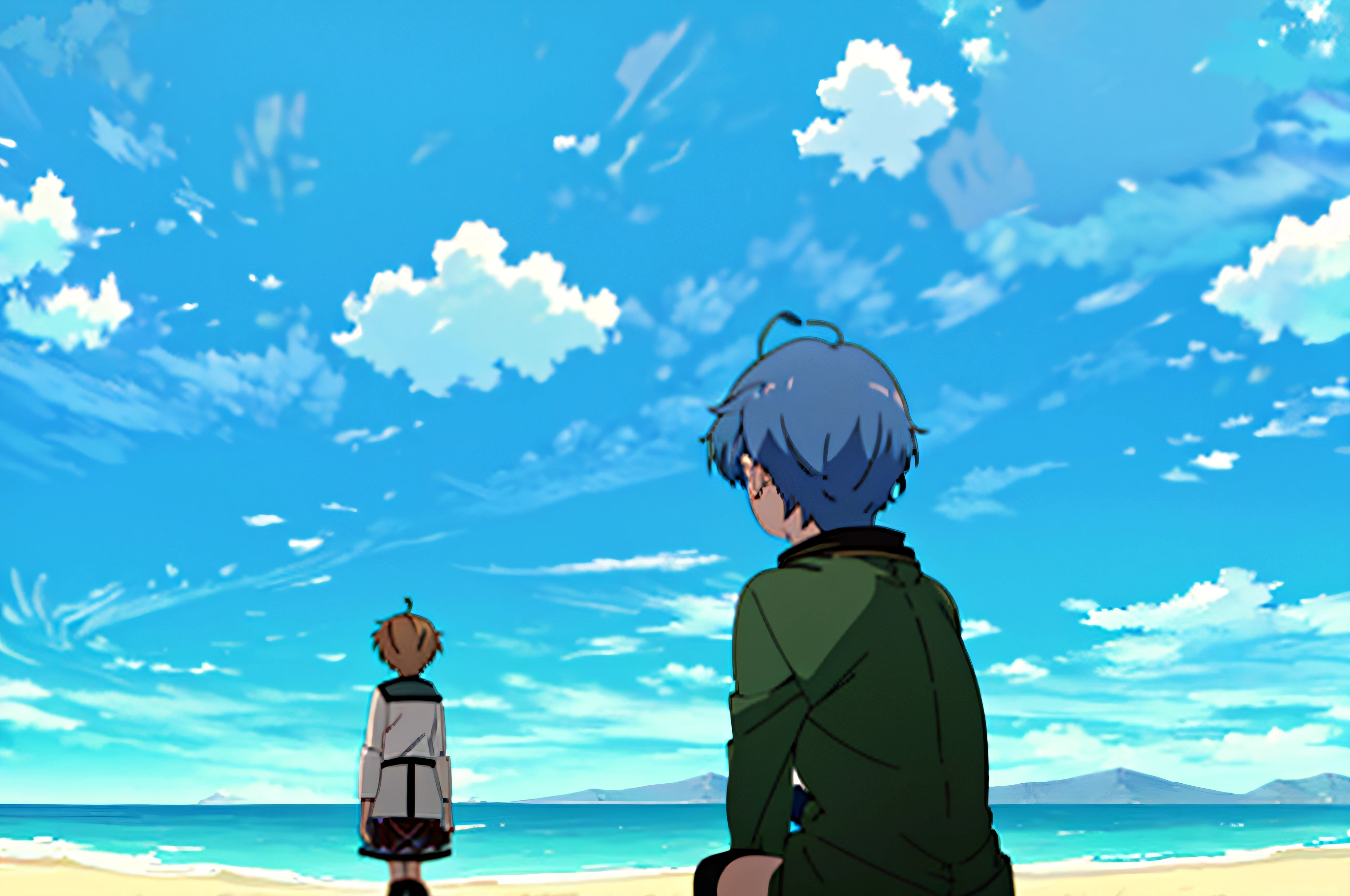 Anime girl standing on a beach with a blue sky and clouds, Makoto Shinkai Estilo de Arte, em estilo de makoto shinkai, nuvens de anime, lindas nuvens inchadas. anime, Makoto Shinkai!, Makoto Shinkai!!, Estilo Makoto Shinkai, Makoto Shinkai Cirilo Rolando, nuvens da , anime sky, inspirado em Makoto Shinkai
