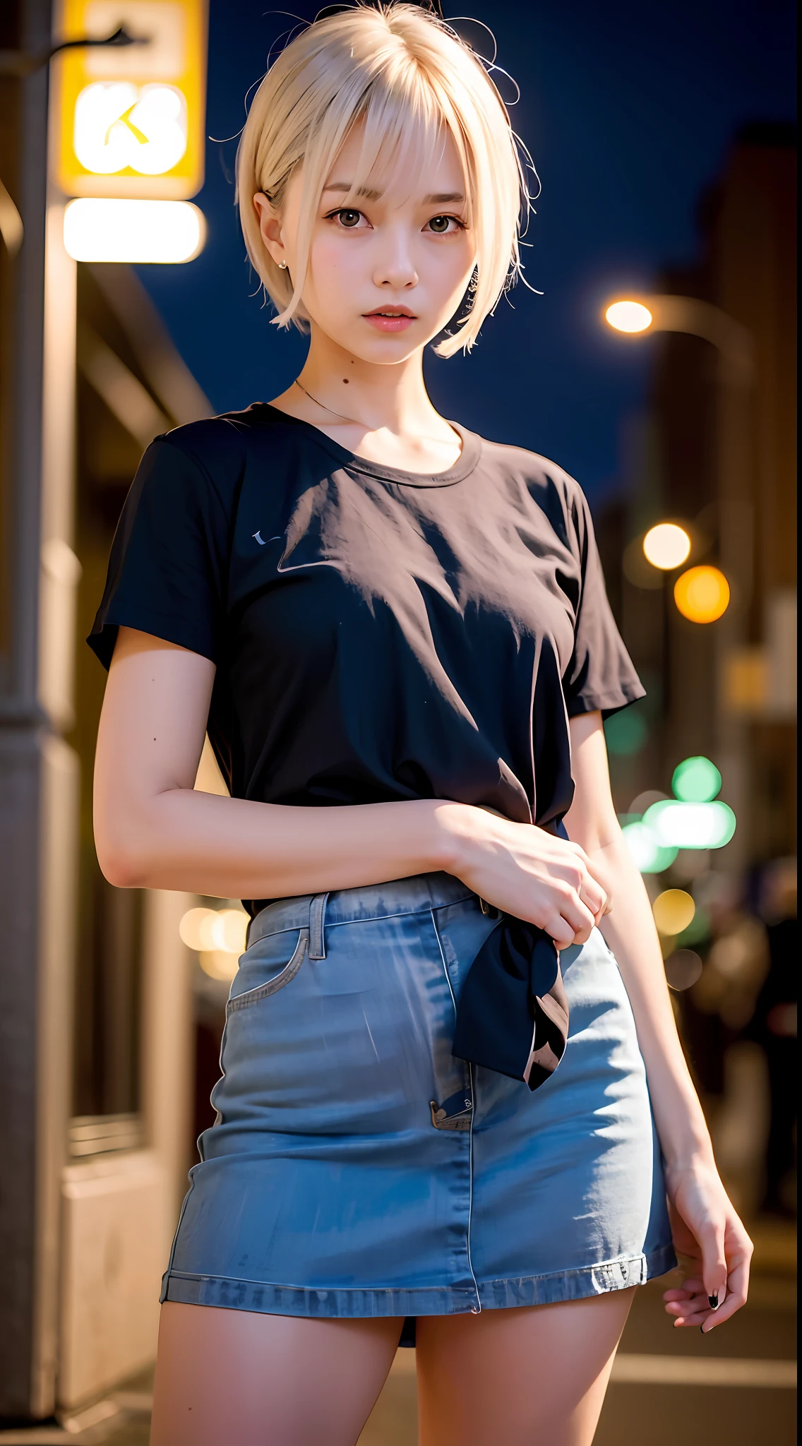 (8k, RAW photo, best quality, masterpiece:1.3),(realistic,photo-realistic:1.37),(night),(looking at viewer:1.331),(white hair),posing,Tokyo street,nightcityscape, cyberpunk city,soft light,1girl,extremely beautiful face,bust,put down hands,Random hairstyle,Random expression,big eyes, ,lower abdomen,(short-sleeved
JK_shirt),JK_style,(dark blue JK_skirt) ,(bow JK_tie),mix4