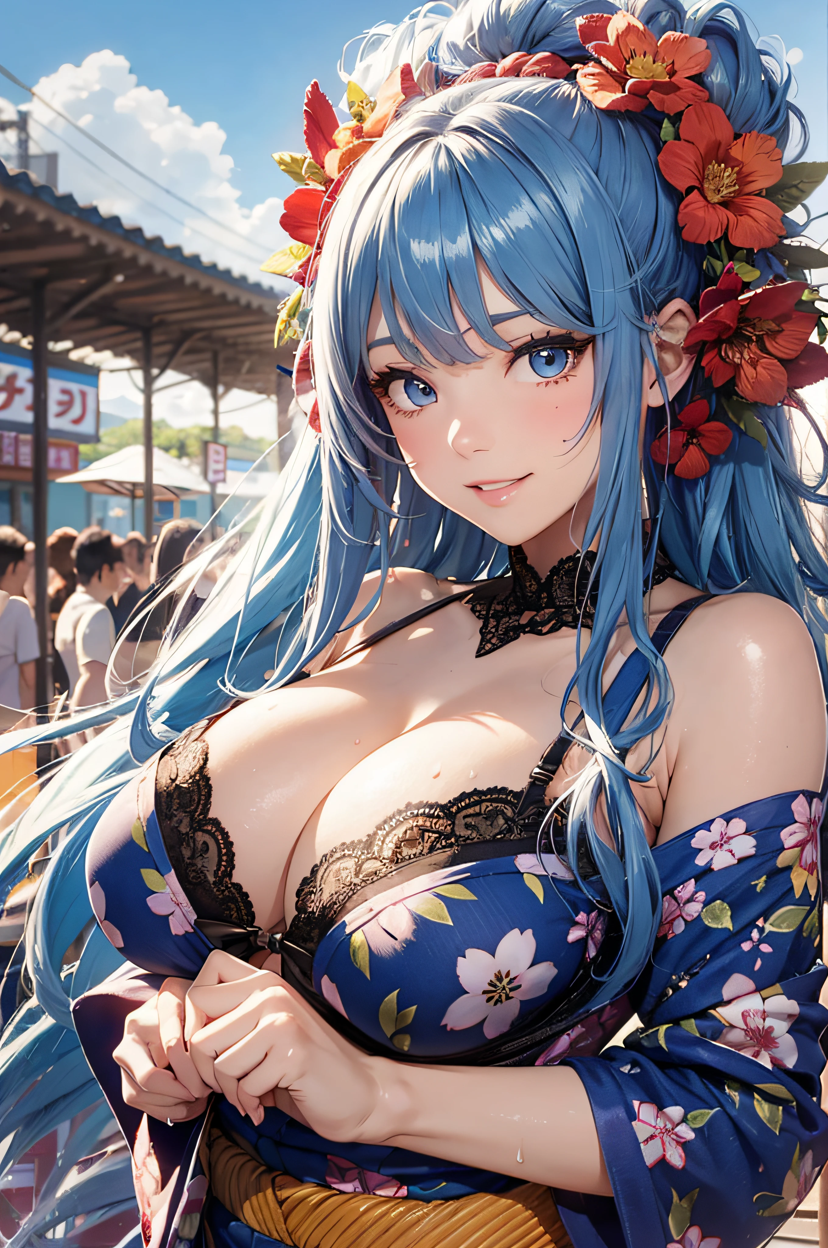8K picture quality、top-quality、masutepiece、An ultra-high picture quality、ultra-detailliert、Ultra-realistic hair quality、Vibrant colors、Beautuful Women、Beautiful long hair、Shiny hair、detailed hairs、blue hairs、poneyTail、Blue eyes、shinny skin、Lace underwear、Very gigantic-breasts、Sweat on the forehead and cheeks、extremely big ass、Fluffy off-shoulder yukata、A smile、soft pink lips、Ultra-realistic flesh feeling、Red cheeks、summer festival in background